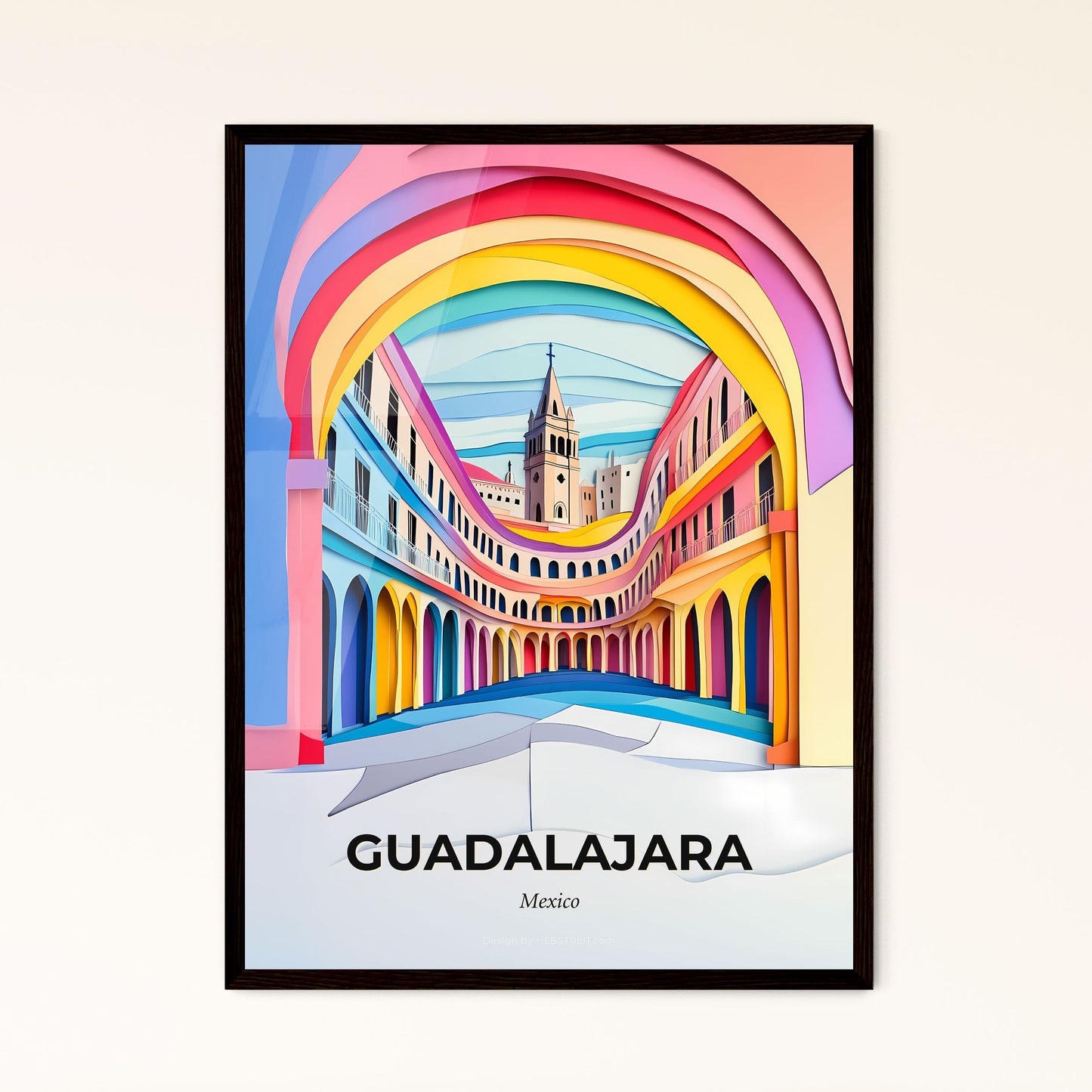 Vivid Guadalajara, Mexico - a painting of a colorful building with a clock tower