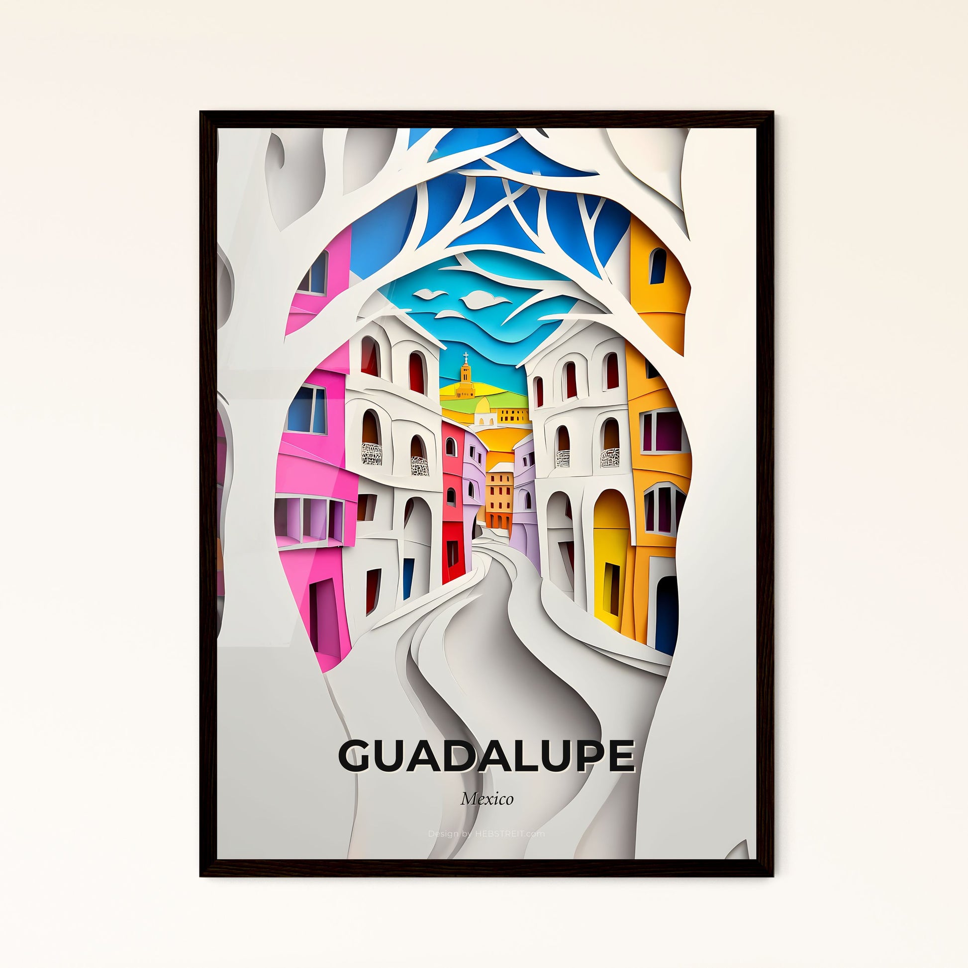 Vivid Guadalupe, Mexico - a paper cut of a city with a tree