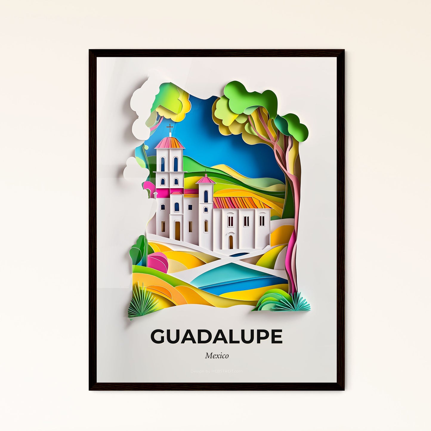 Vivid Guadalupe, Mexico - a paper cut of a church and a river