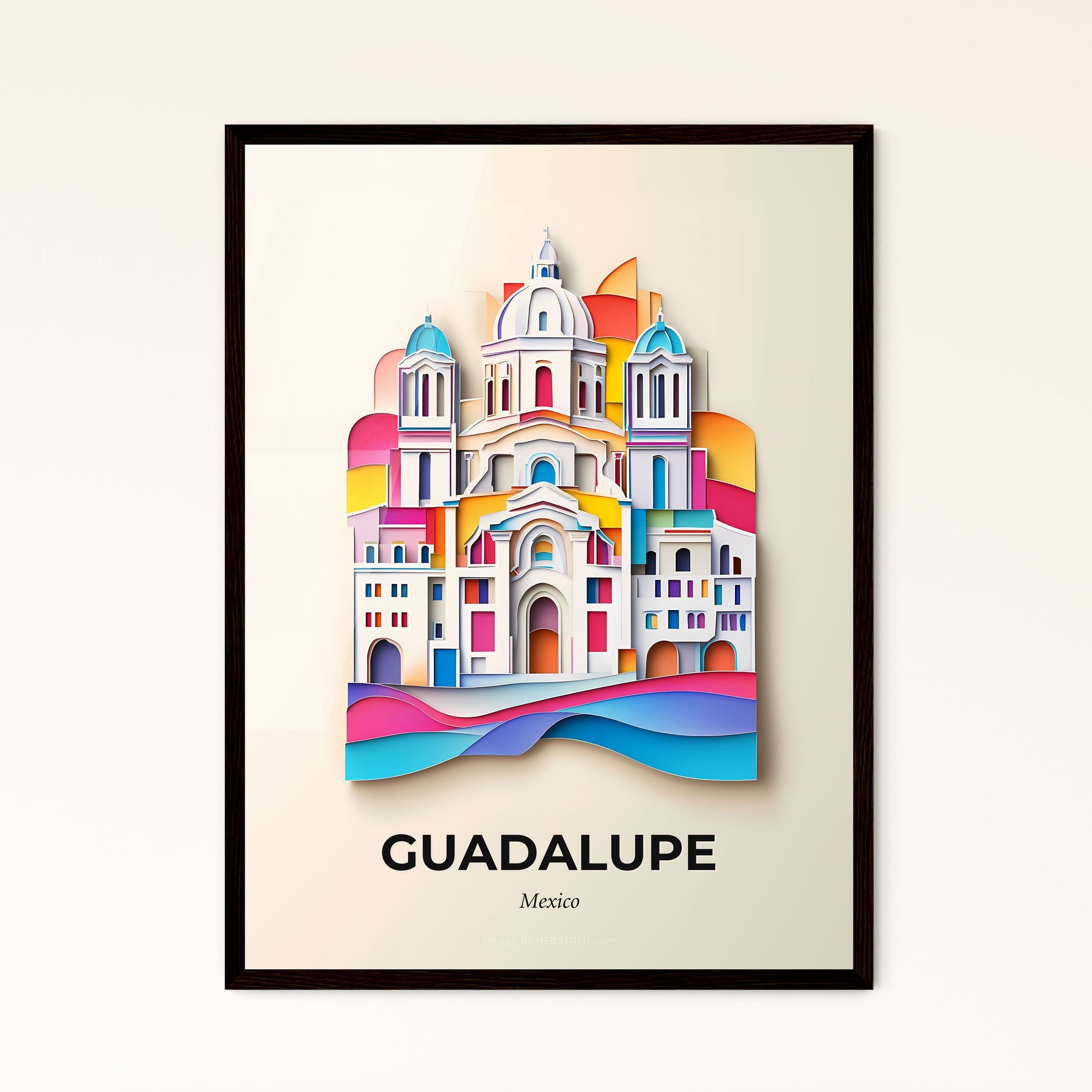 Vivid Guadalupe, Mexico - a paper cut of a church with a rainbow background