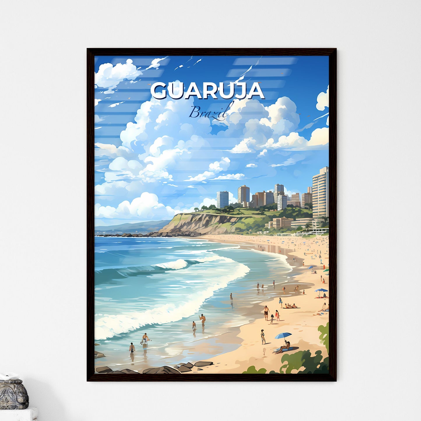 Tranquil Beachside Art: Guaruja Brazil Skyline Painting with People and Buildings Default Title