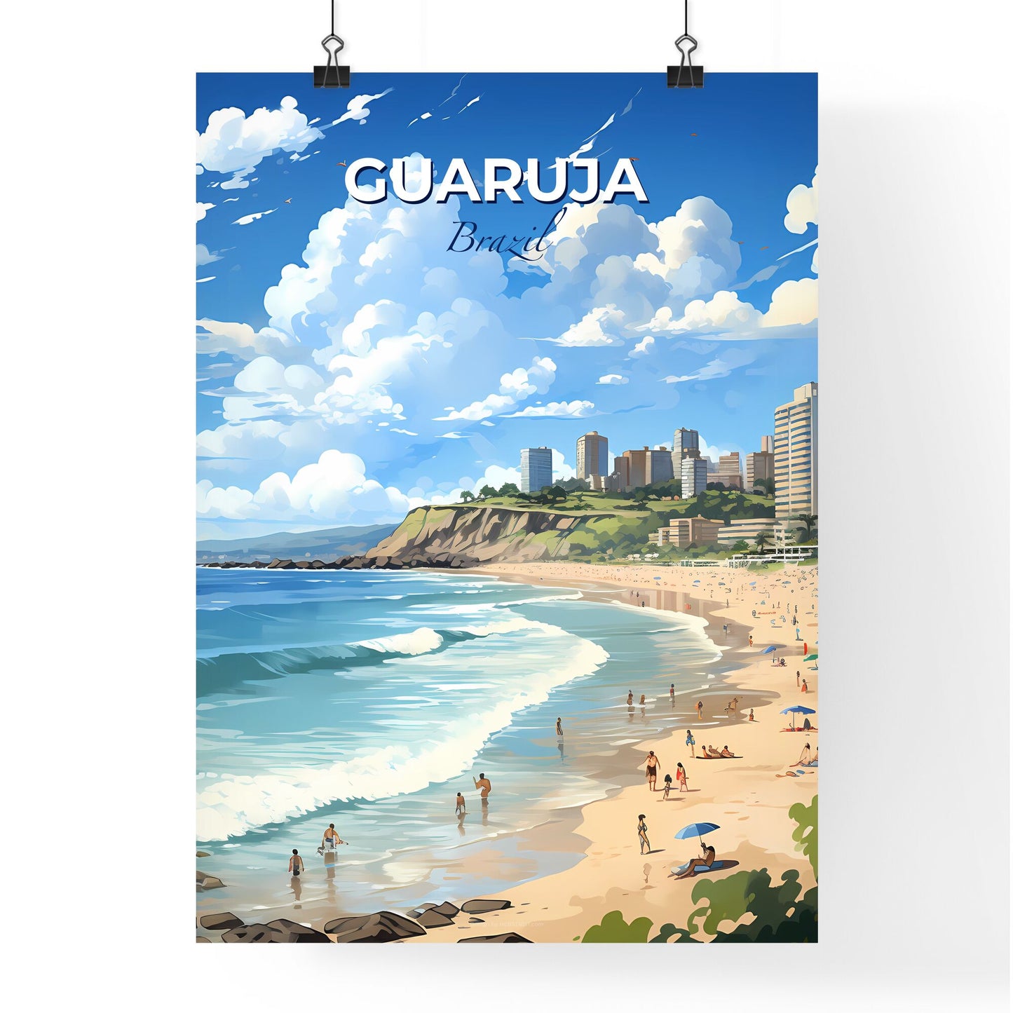 Tranquil Beachside Art: Guaruja Brazil Skyline Painting with People and Buildings Default Title