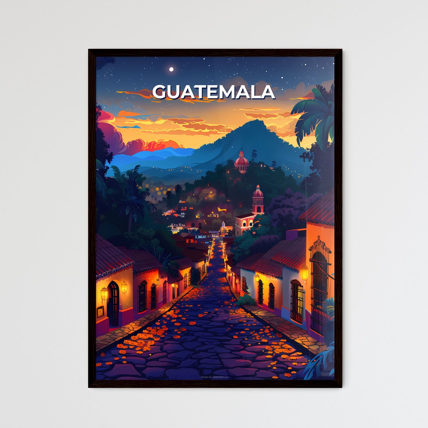 Vibrant Central American Street Art Mural of Buildings and Trees in Guatemala, North America Framed Art