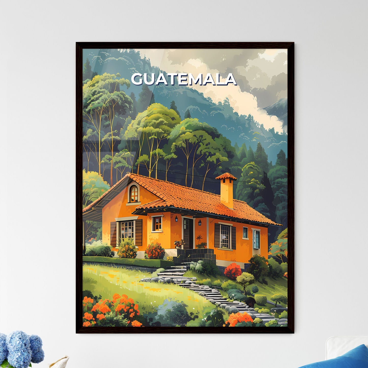 Colorful Guatemala Painting Depicting a North American House Nestled Amidst Lush Forest Scenery Framed Art