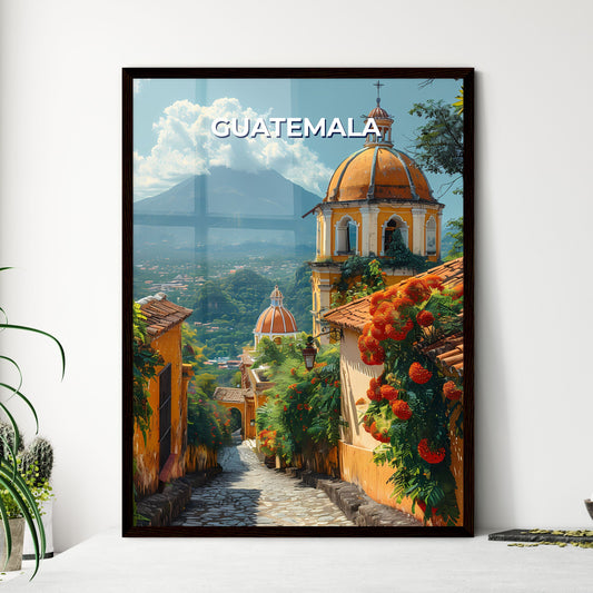 Vibrant Guatemalan Art Street Depicting Steeple and Mountain Framed Art