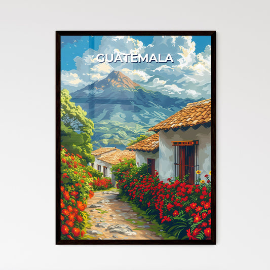Vibrant Guatemalan Painting: Floral Path with Mountain Vista Framed Art