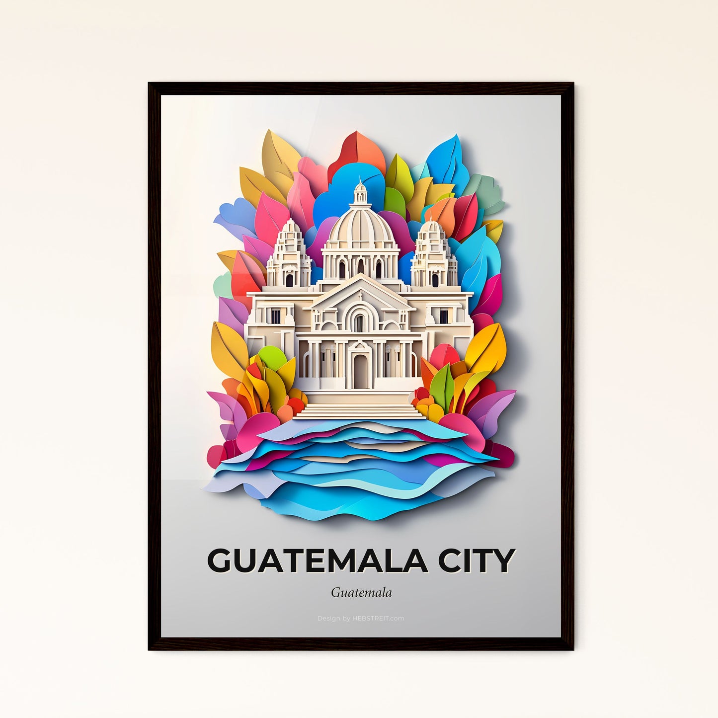 Vivid Guatemala City, Guatemala - a church surrounded by colorful leaves on a white background