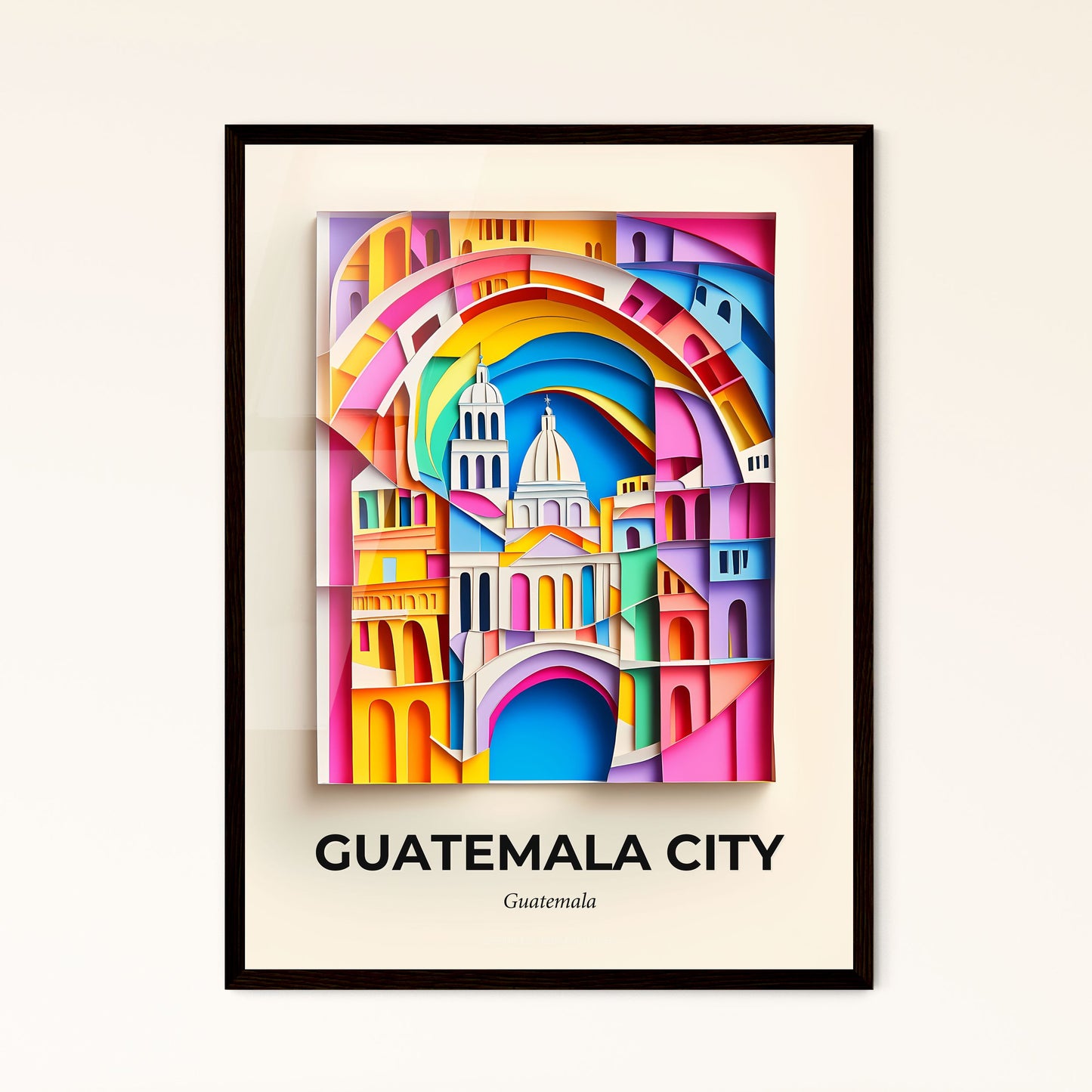 Vivid Guatemala City, Guatemala - a colorful picture of a city with a rainbow arch