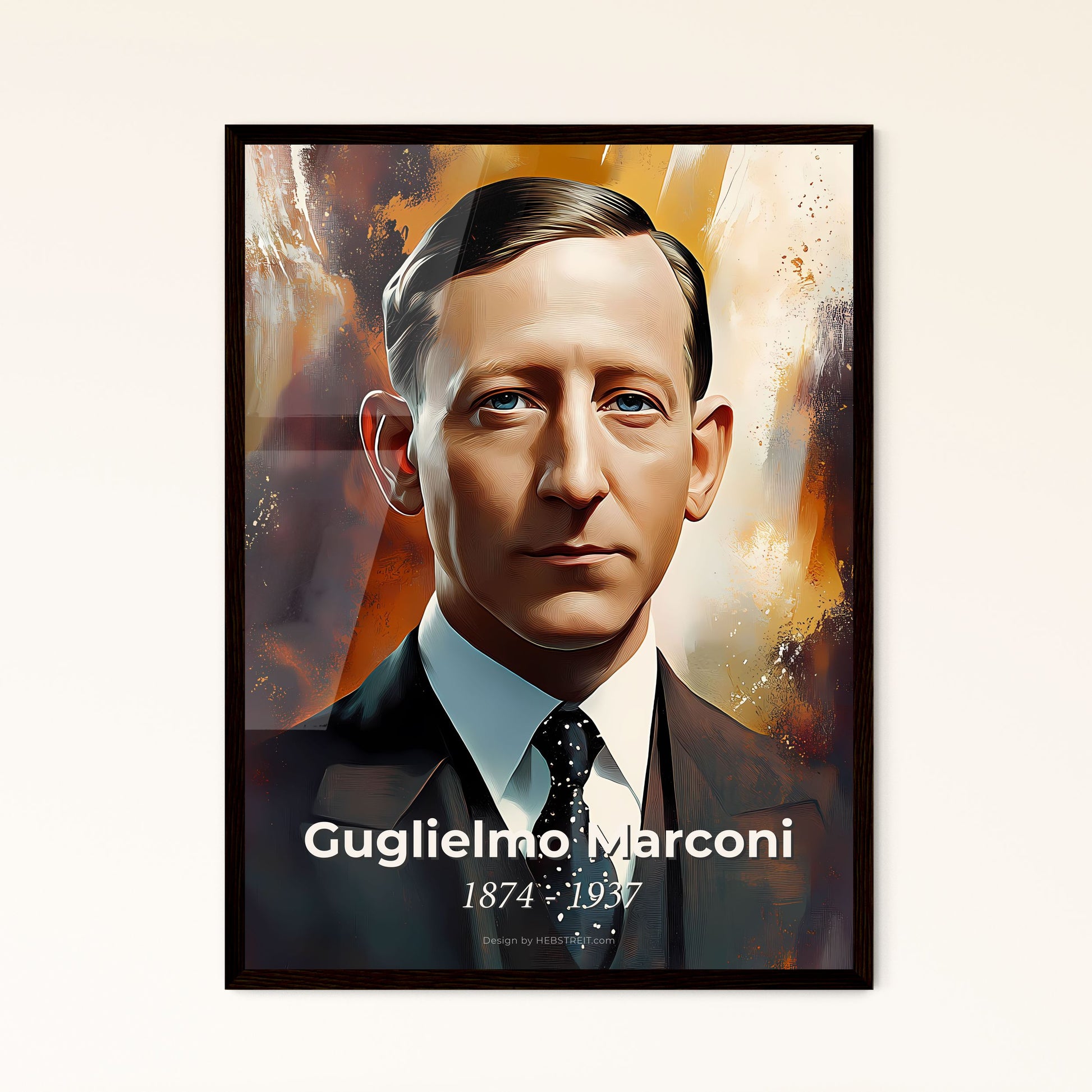 Portrait of Guglielmo Marconi, 1874 - 1937. Impressionistic painting of a man in a suit and tie.