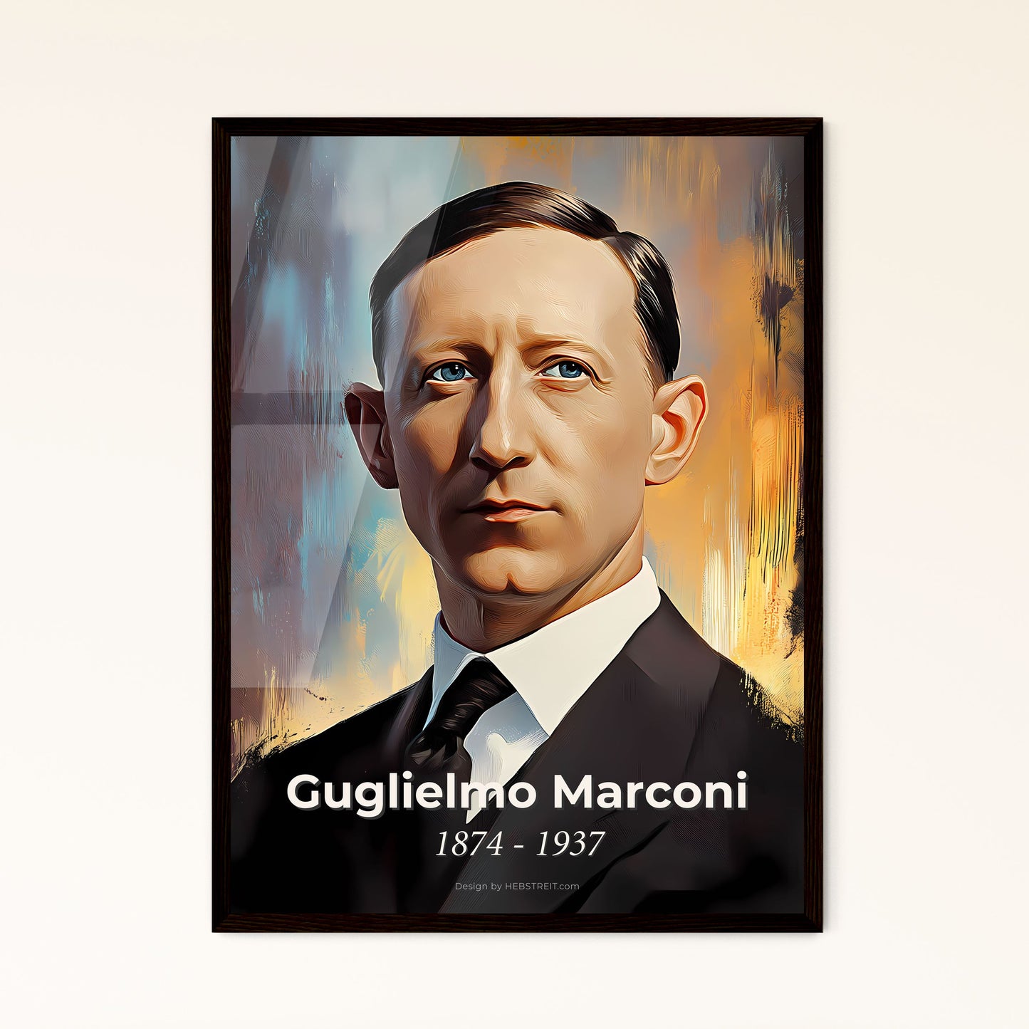 Portrait of Guglielmo Marconi, 1874 - 1937. Impressionistic painting of a man in a suit.