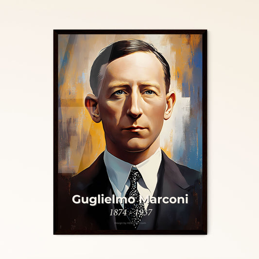 Portrait of Guglielmo Marconi, 1874 - 1937. Impressionistic painting of a man in a suit and tie.