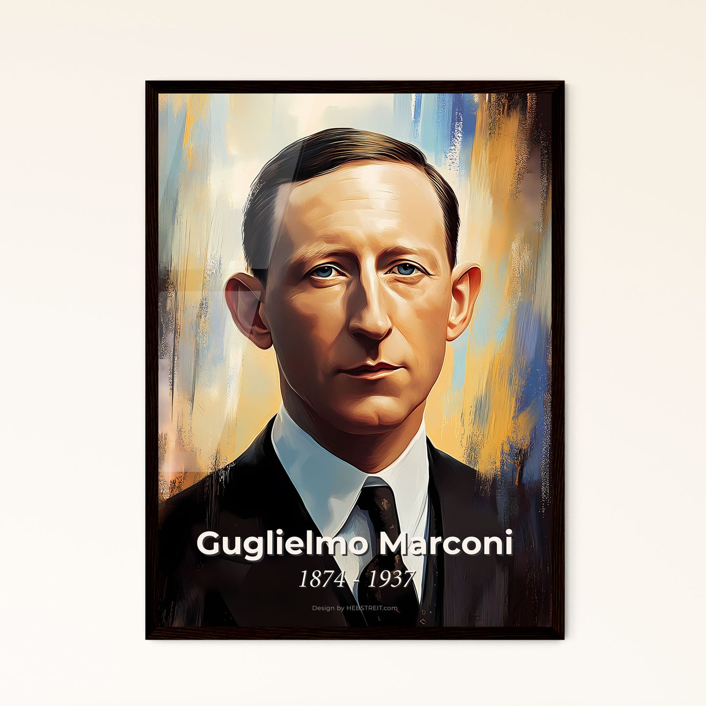 Portrait of Guglielmo Marconi, 1874 - 1937. Impressionistic painting of a man in a suit and tie.