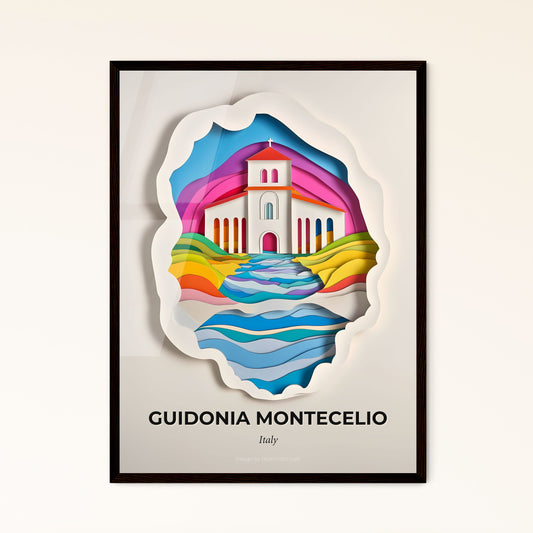 Vivid Guidonia Montecelio, Italy - a paper cut of a church with a rainbow sky