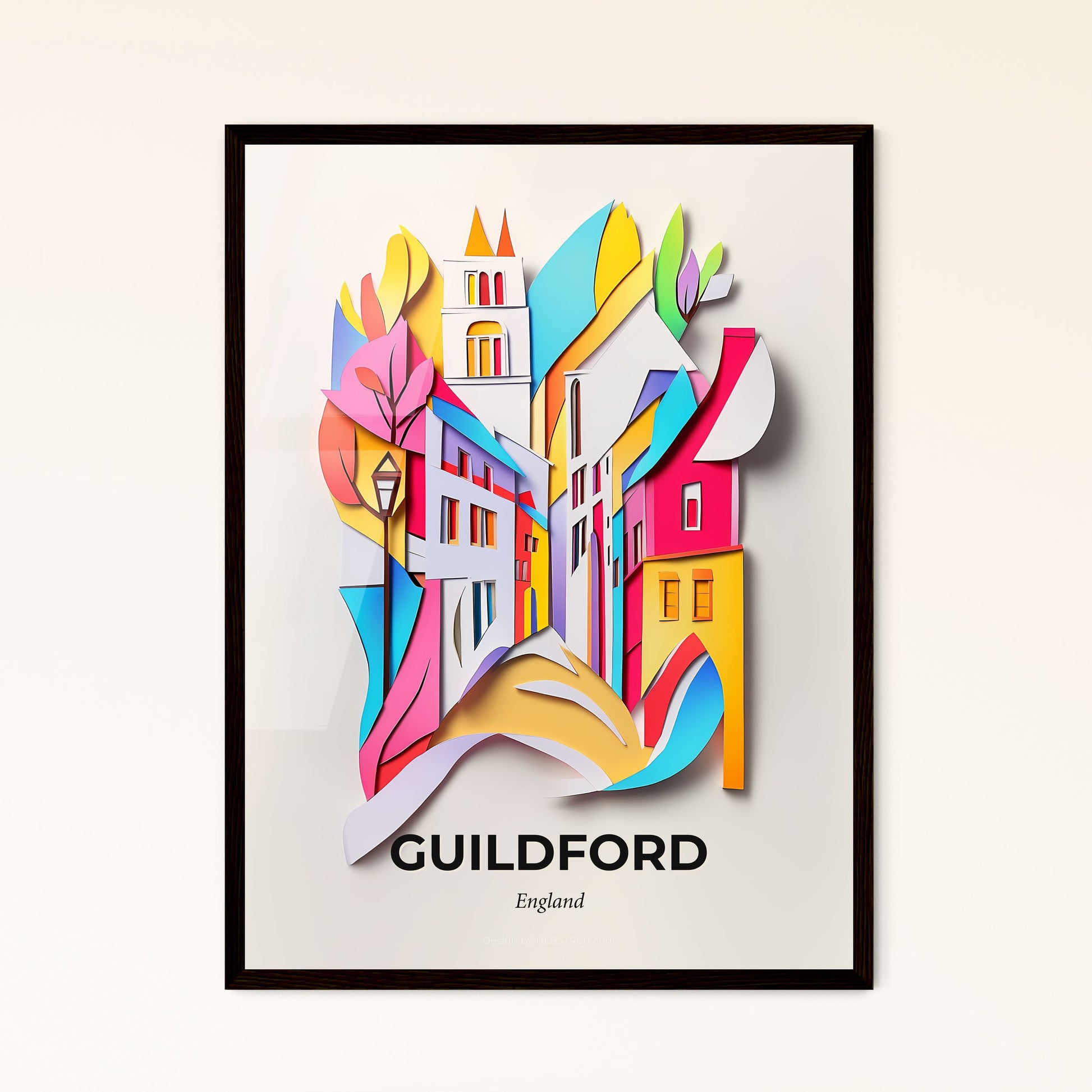 Vivid Guildford, England - a paper cut of a city with a church