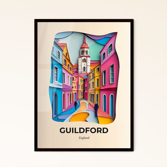 Vivid Guildford, England - a paper cut of a city street with a clock tower