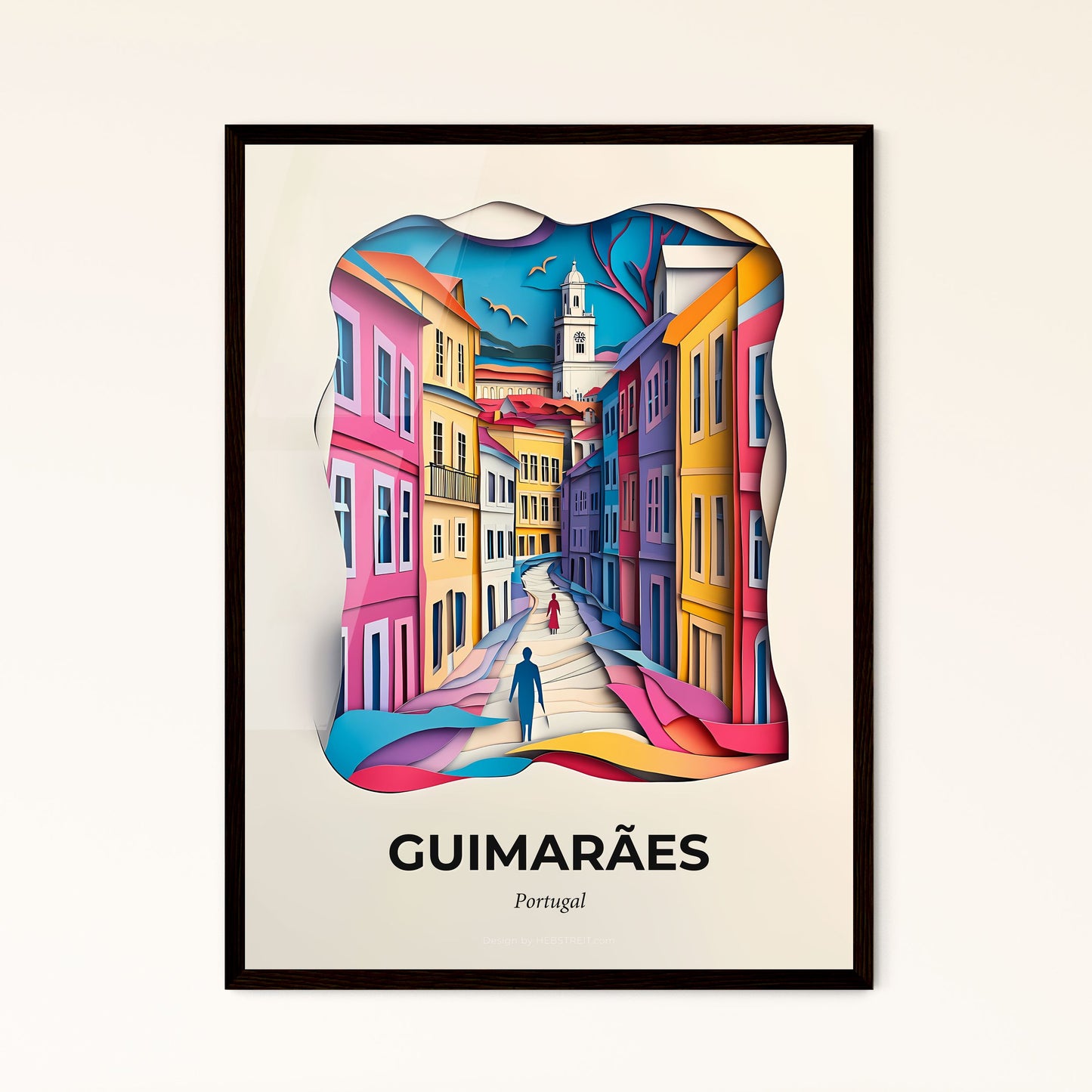 Vivid Guimarães, Portugal - a paper cut of a person walking down a street