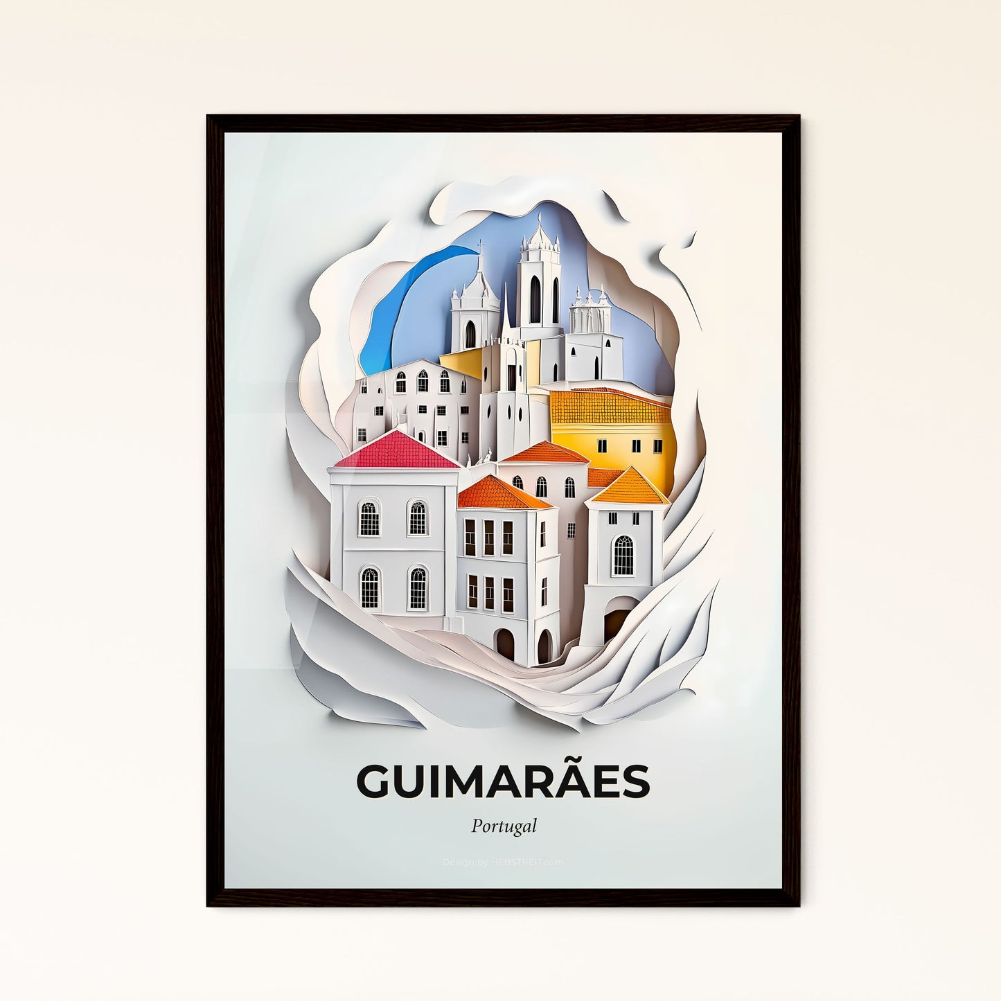 Vivid Guimarães, Portugal - a paper cut of a city with a wave coming in