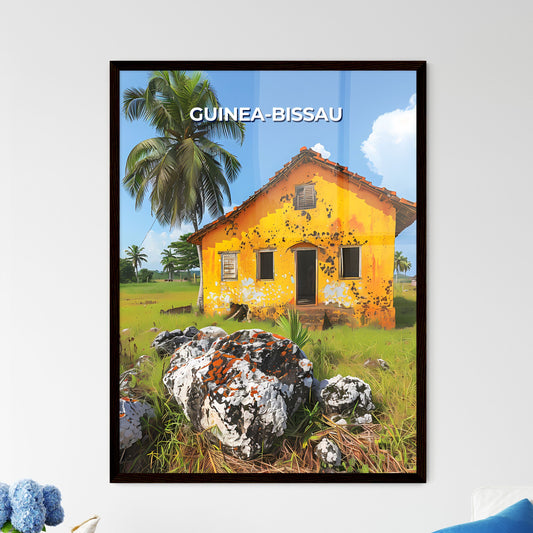 Yellow House in Guinea-Bissau Field with Rocks and Palm Trees - Vibrant Painting Art Print