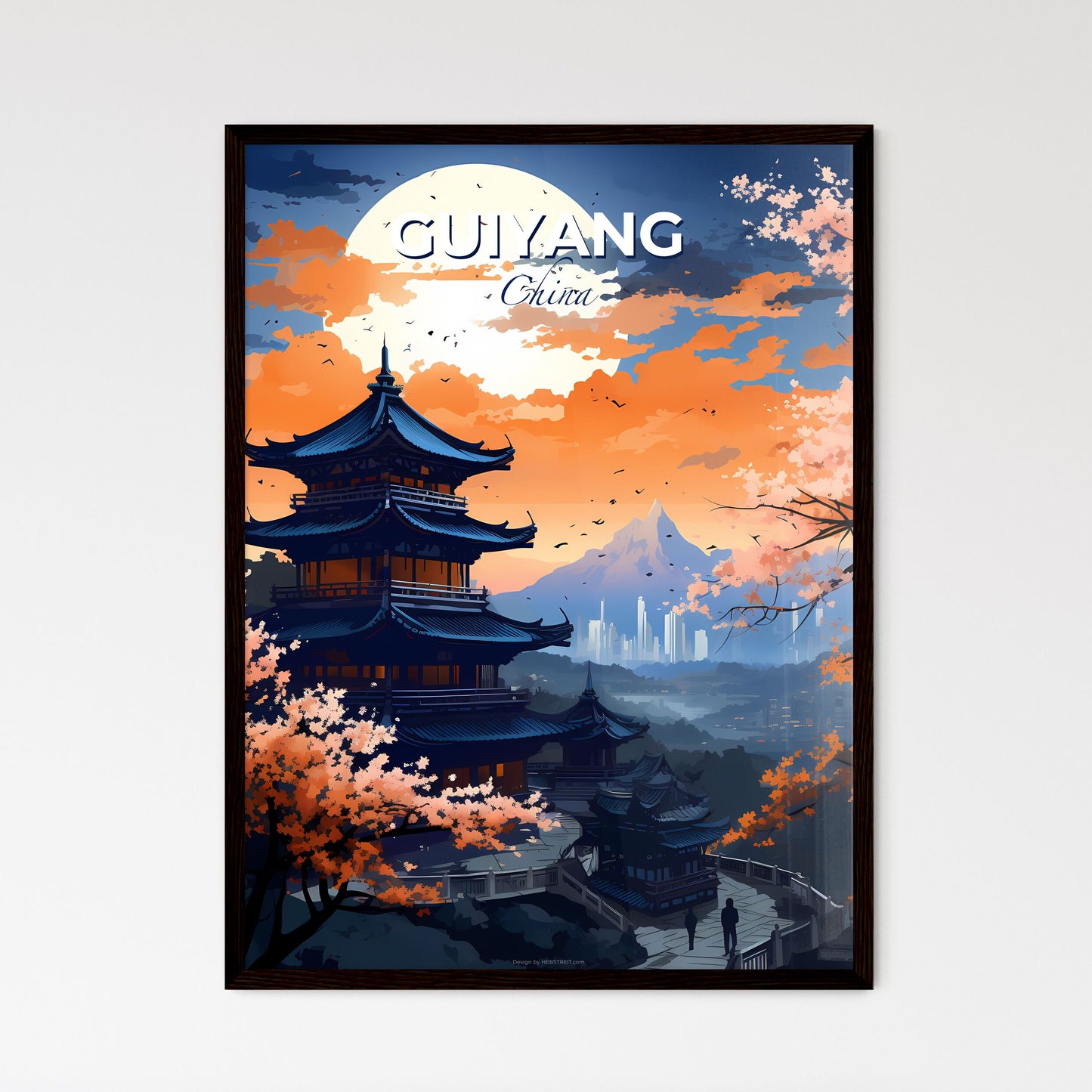 Colorful Guiyang Chinese Cityscape Artwork Panorama Oriental Pagoda Painting Mountains Background Default Title