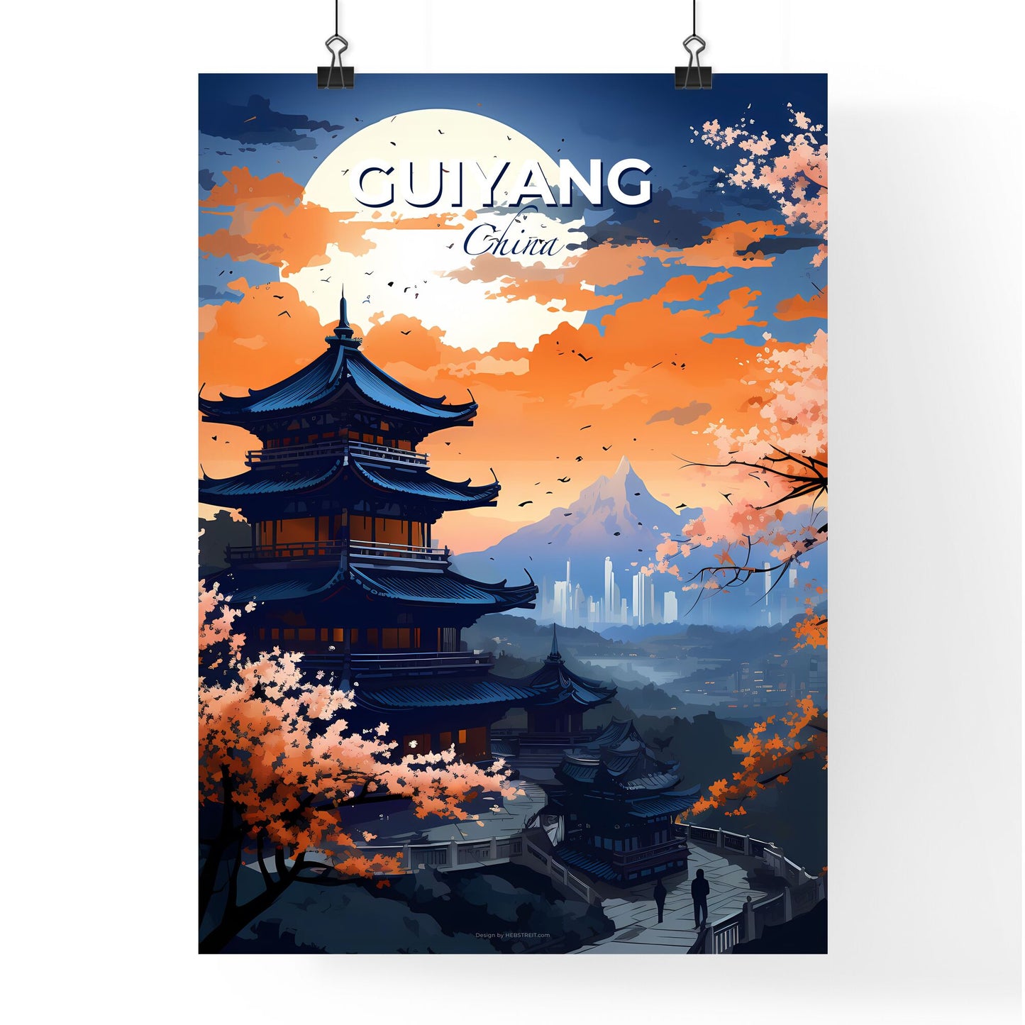 Colorful Guiyang Chinese Cityscape Artwork Panorama Oriental Pagoda Painting Mountains Background Default Title