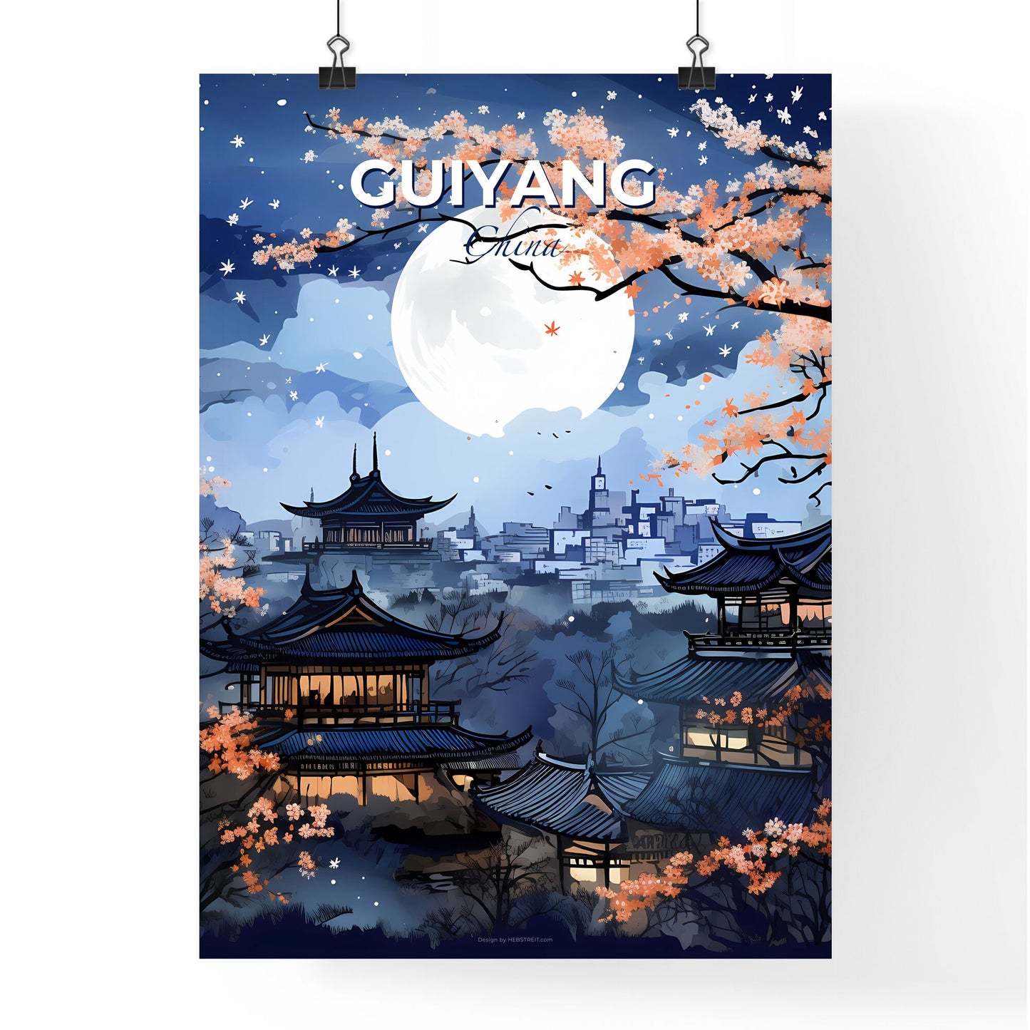 Vibrant Skyline Painting of Guiyang China with a Full Moon Default Title