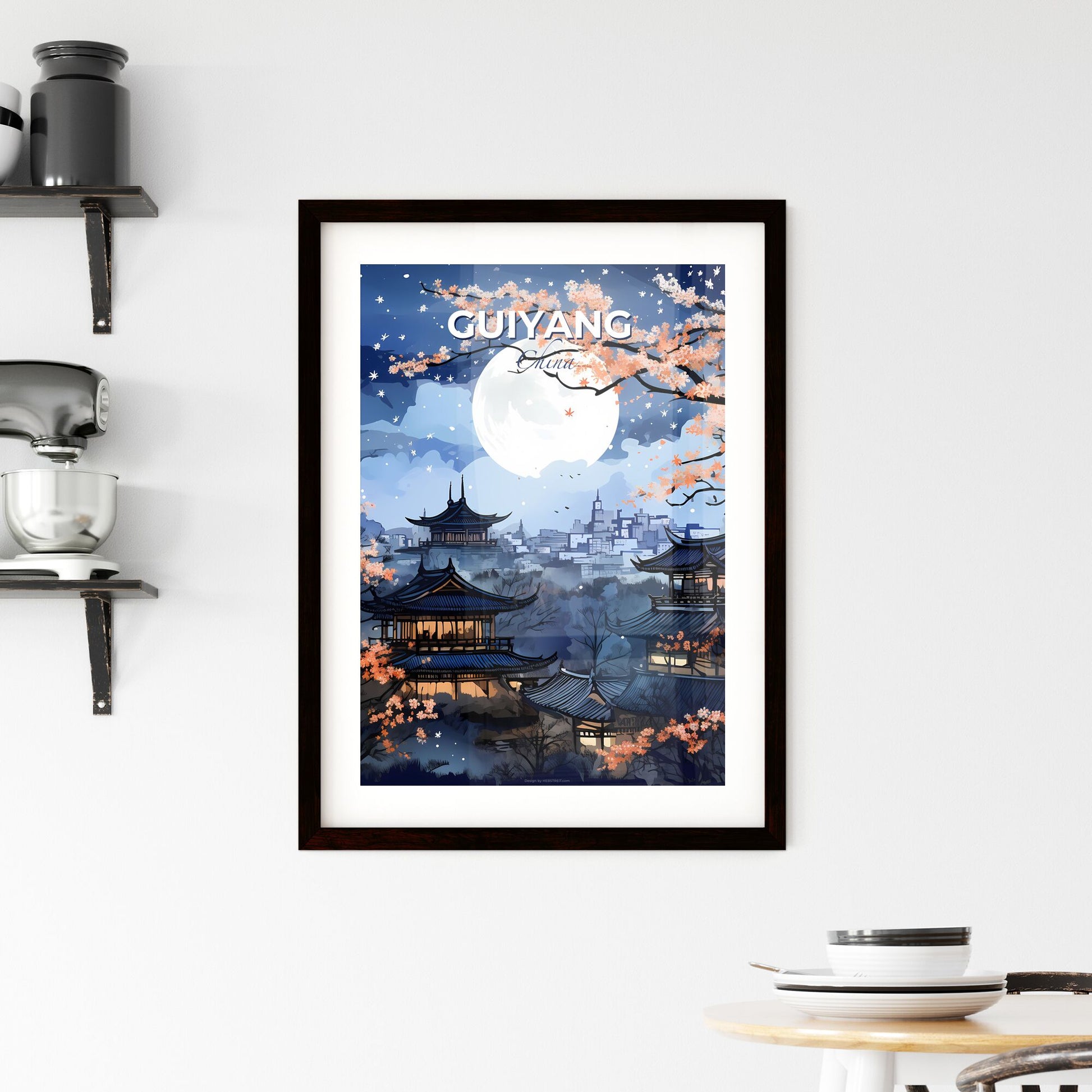 Vibrant Skyline Painting of Guiyang China with a Full Moon Default Title