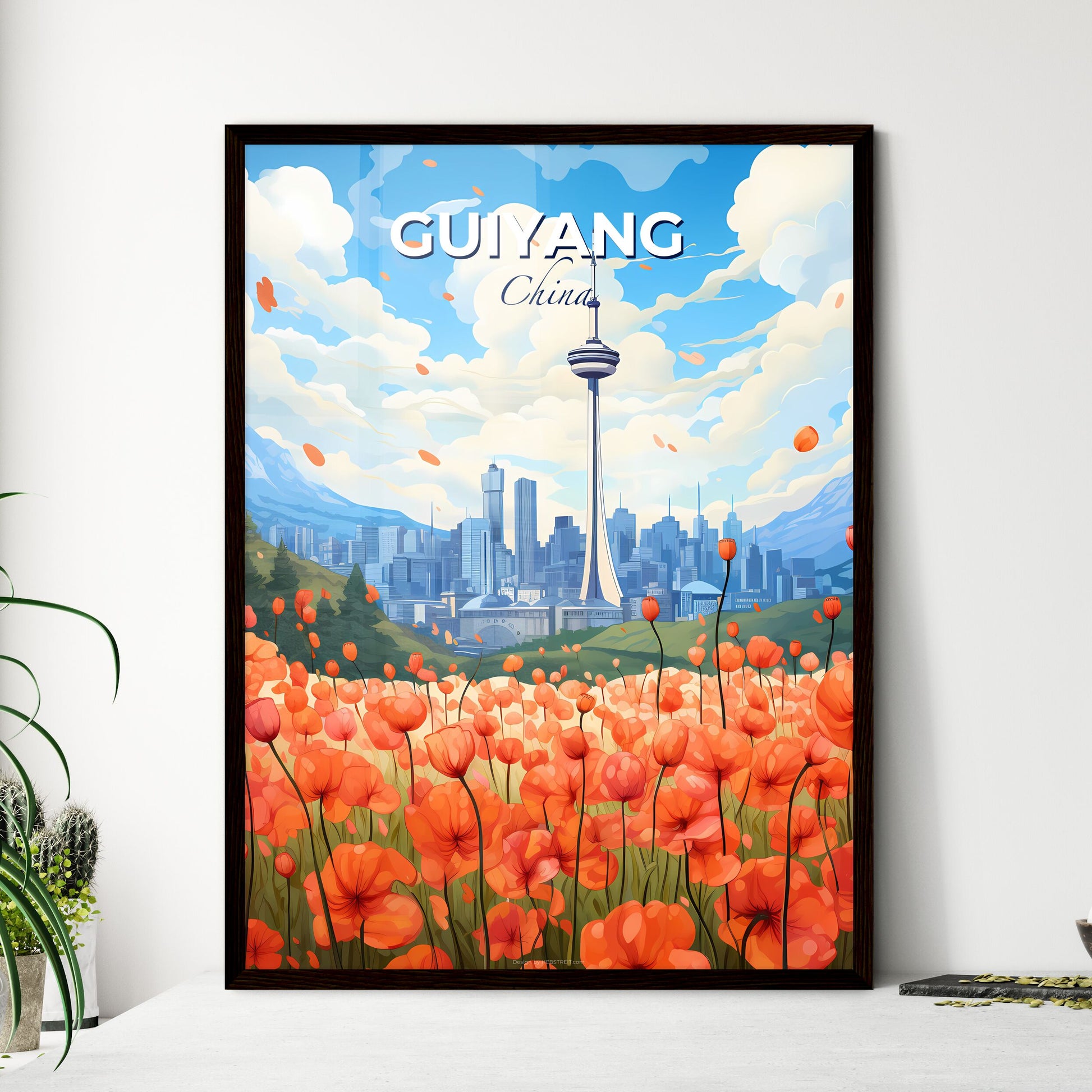 Stunning Cityscape Painting: Vibrant Field of Flowers with Guiyang City Skyline Default Title