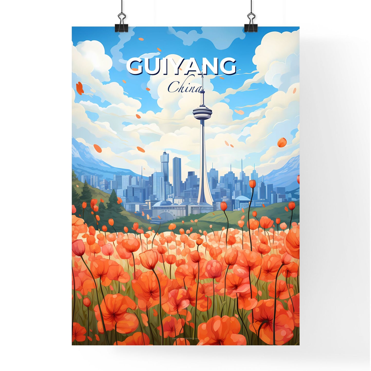 Stunning Cityscape Painting: Vibrant Field of Flowers with Guiyang City Skyline Default Title