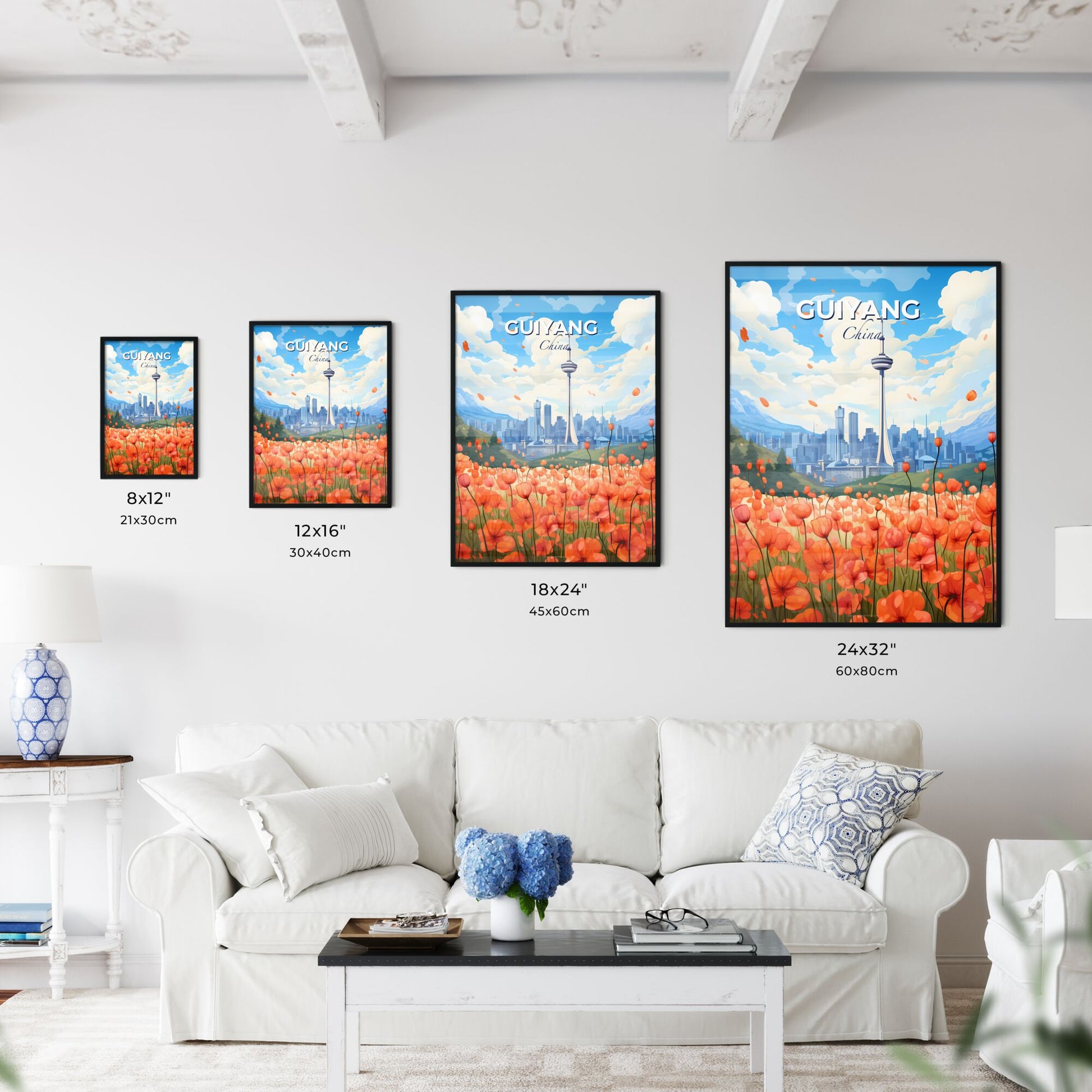 Stunning Cityscape Painting: Vibrant Field of Flowers with Guiyang City Skyline Default Title