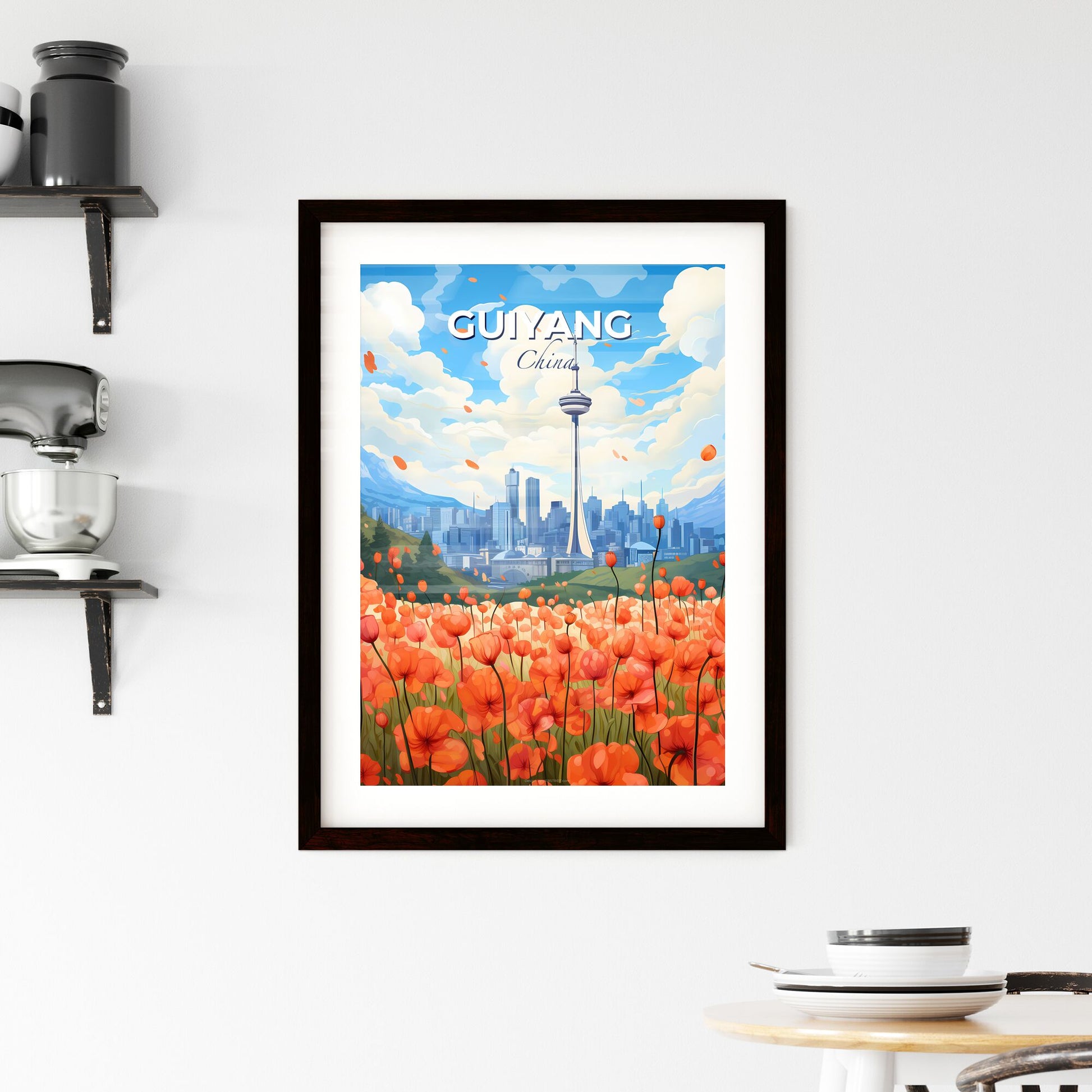 Stunning Cityscape Painting: Vibrant Field of Flowers with Guiyang City Skyline Default Title