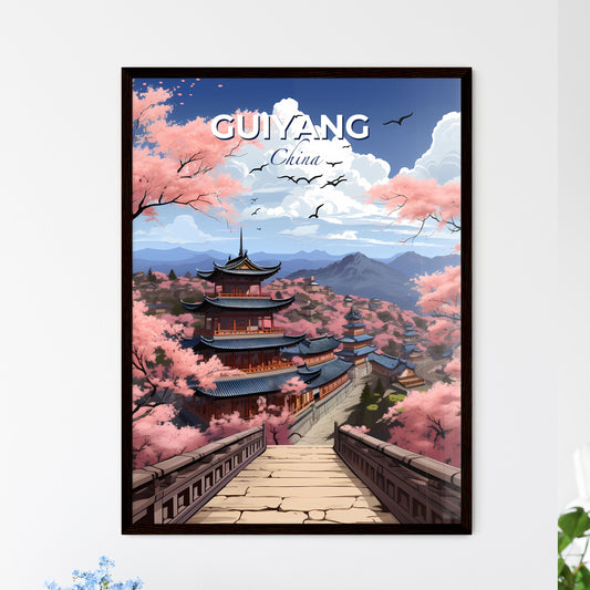 Guiyang City Skyline Vibrant Painting Focus Art Chinese Pagoda Cherry Blossoms Bridge Default Title