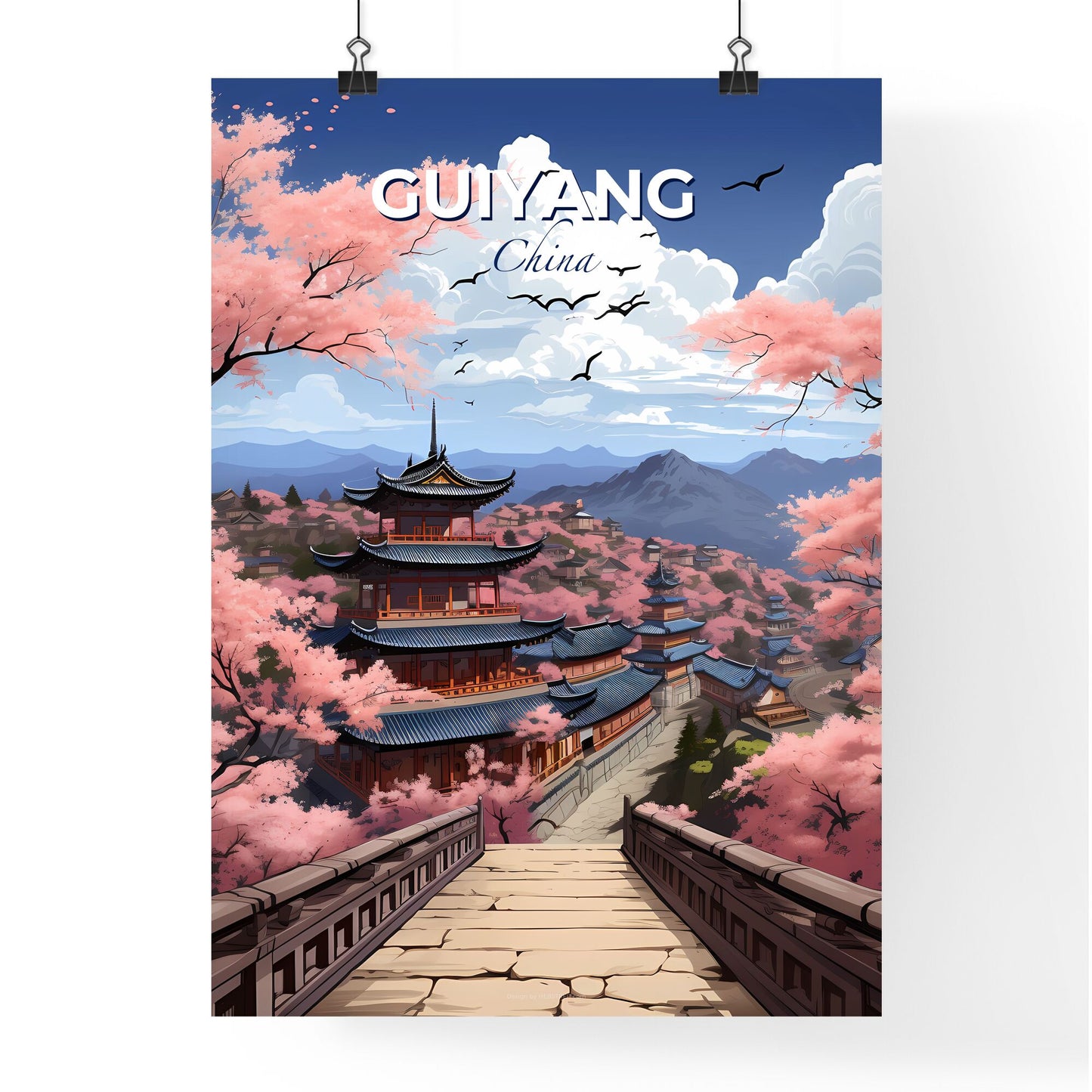 Guiyang City Skyline Vibrant Painting Focus Art Chinese Pagoda Cherry Blossoms Bridge Default Title