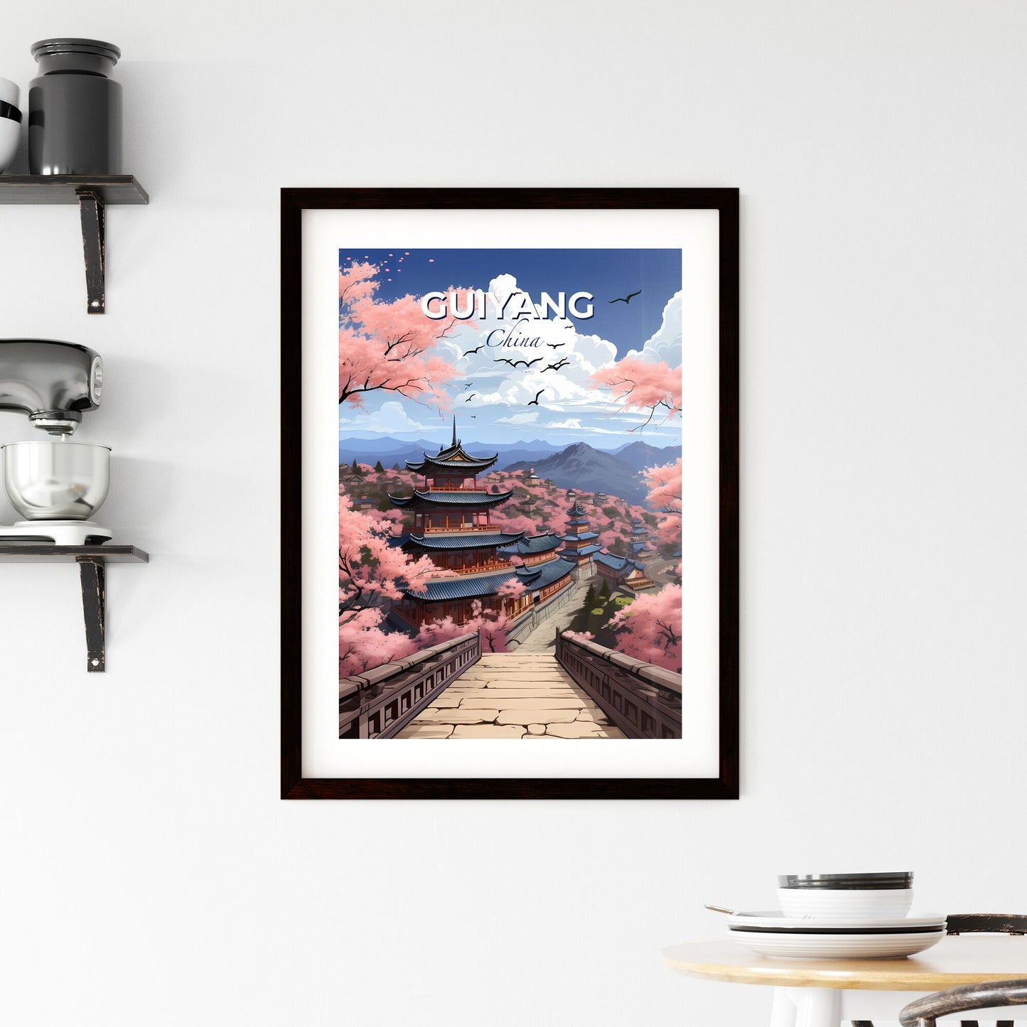 Guiyang City Skyline Vibrant Painting Focus Art Chinese Pagoda Cherry Blossoms Bridge Default Title