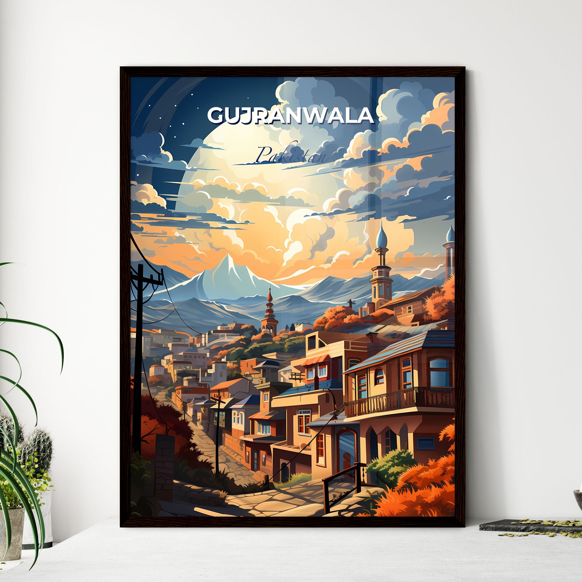 Gujranwala Pakistan Skyline Vivid Painting City Mountains Trees Artwork Default Title