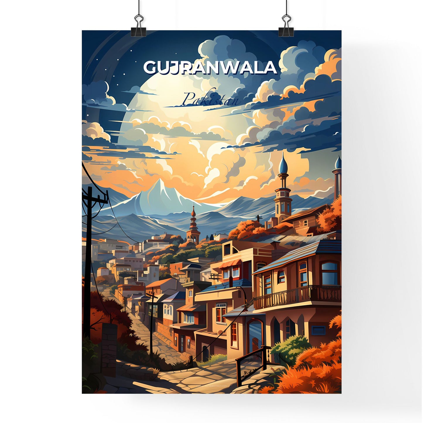 Gujranwala Pakistan Skyline Vivid Painting City Mountains Trees Artwork Default Title