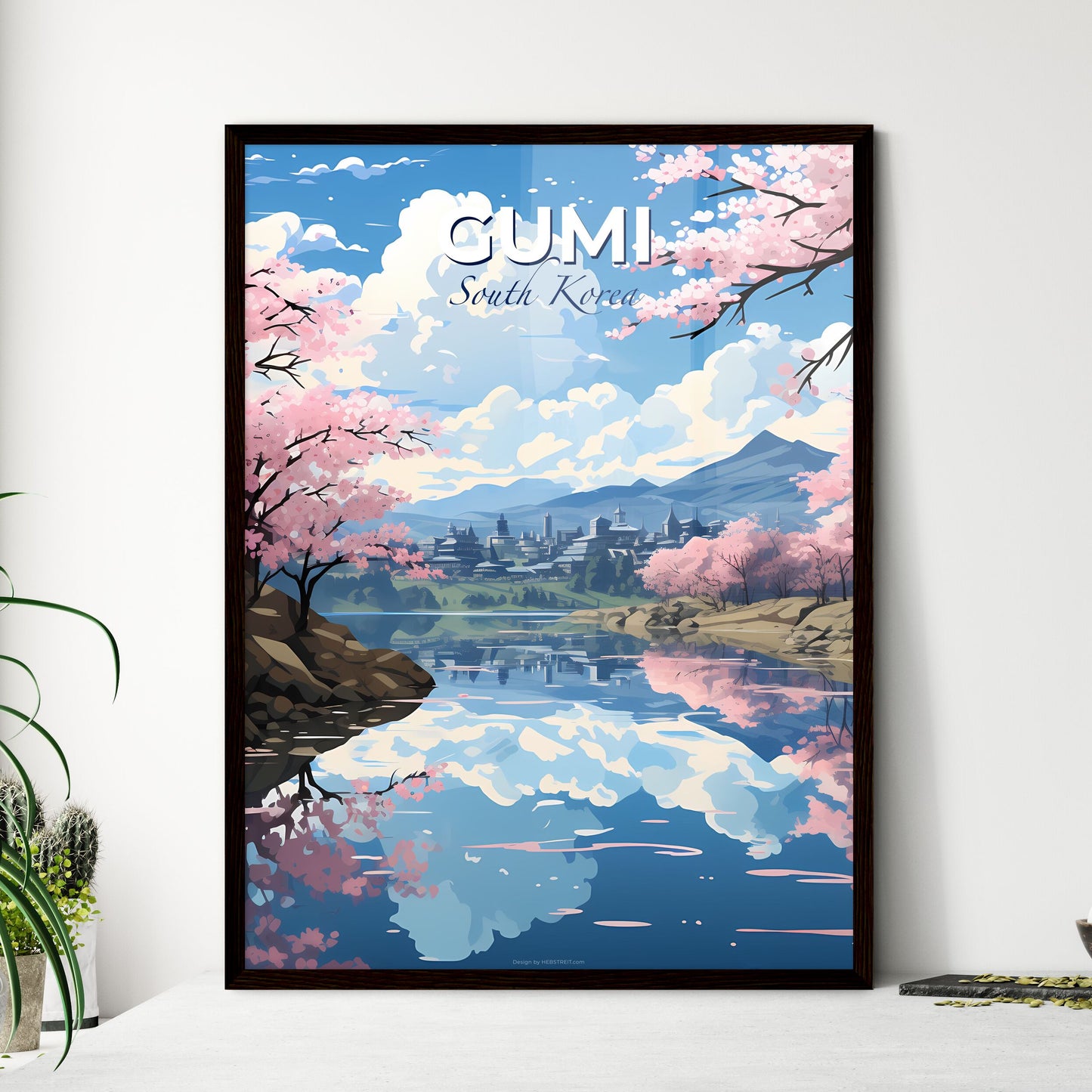 Vibrant Korean Skypaint: Pink Trees by Riverside with Mountains Default Title