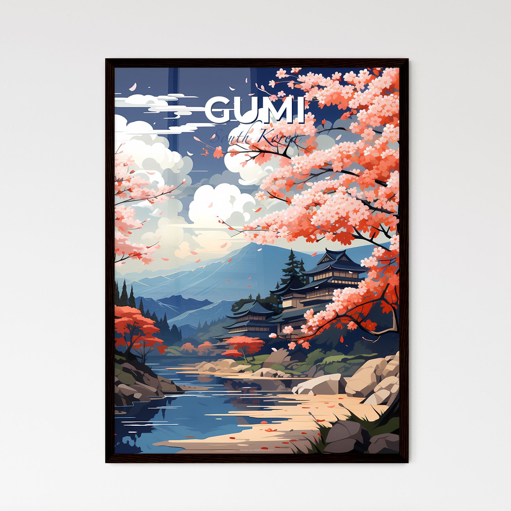 South Korea Gumi Skyline Pink Cherry Blossoms River Cityscape Art Default Title