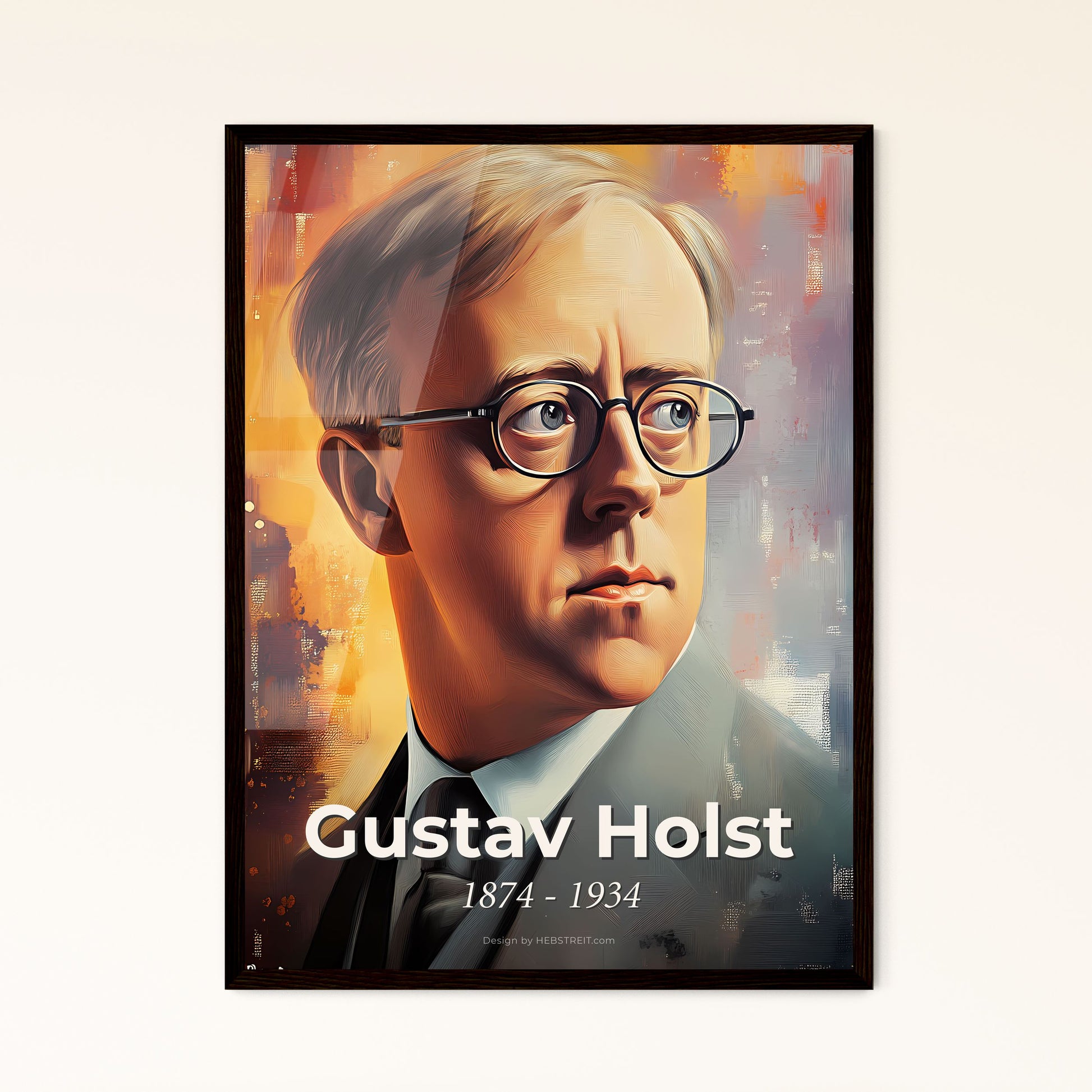 Portrait of Gustav Holst, 1874 - 1934. Impressionistic painting of a man wearing glasses and a suit.