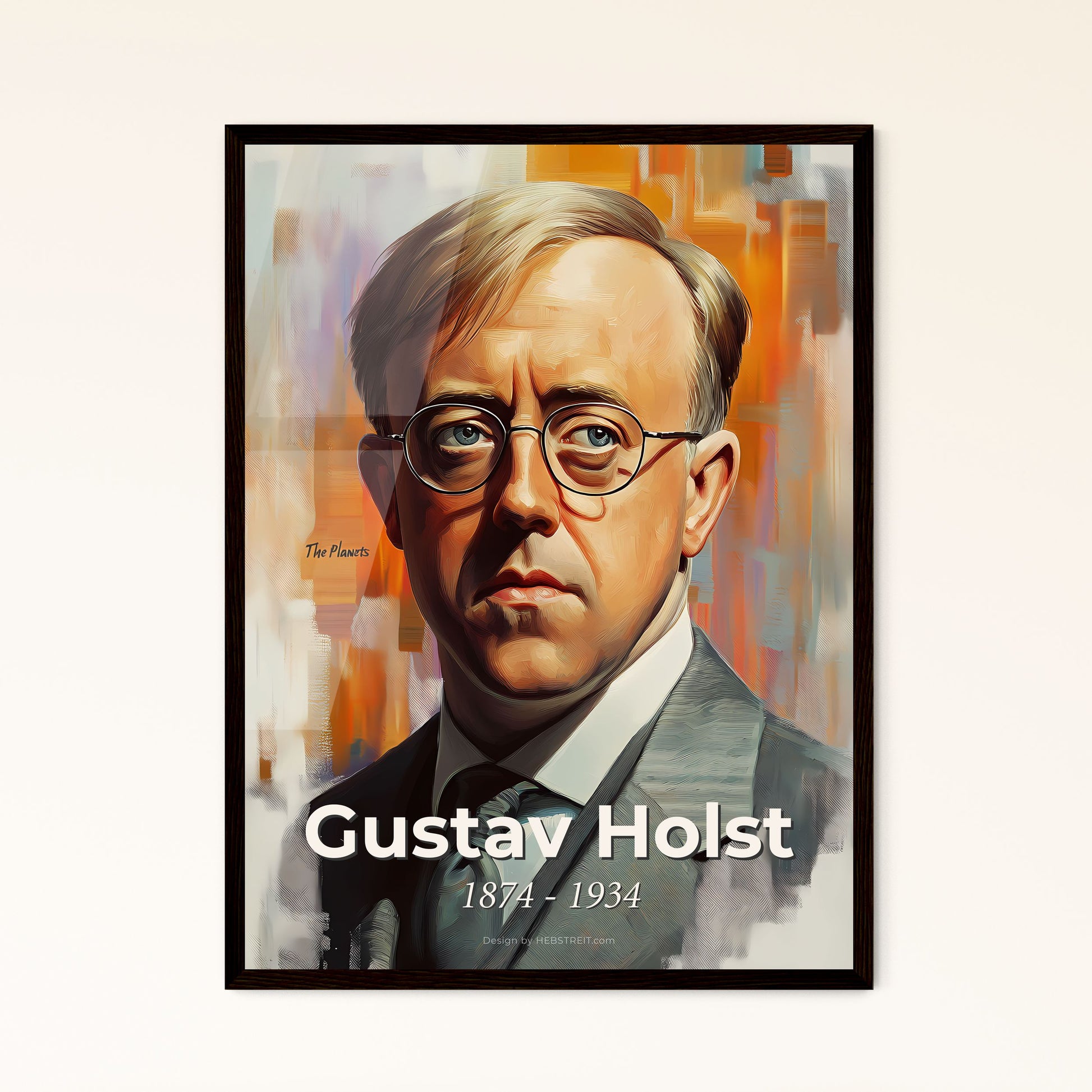 Portrait of Gustav Holst, 1874 - 1934. Impressionistic painting of a man wearing glasses and a suit.