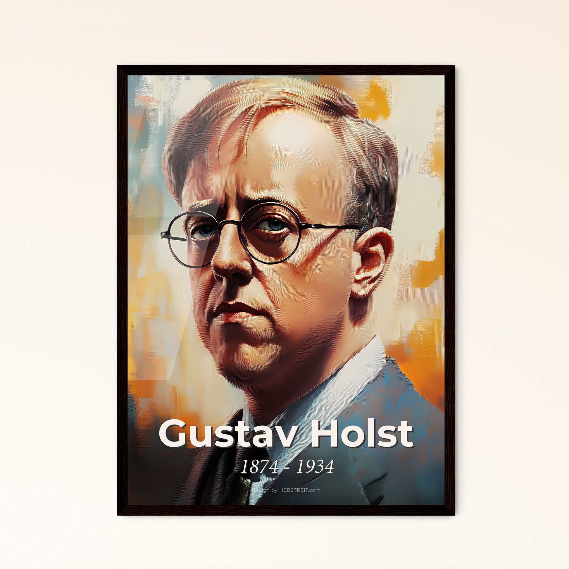 Portrait of Gustav Holst, 1874 - 1934. Impressionistic painting of a man wearing glasses and a suit.