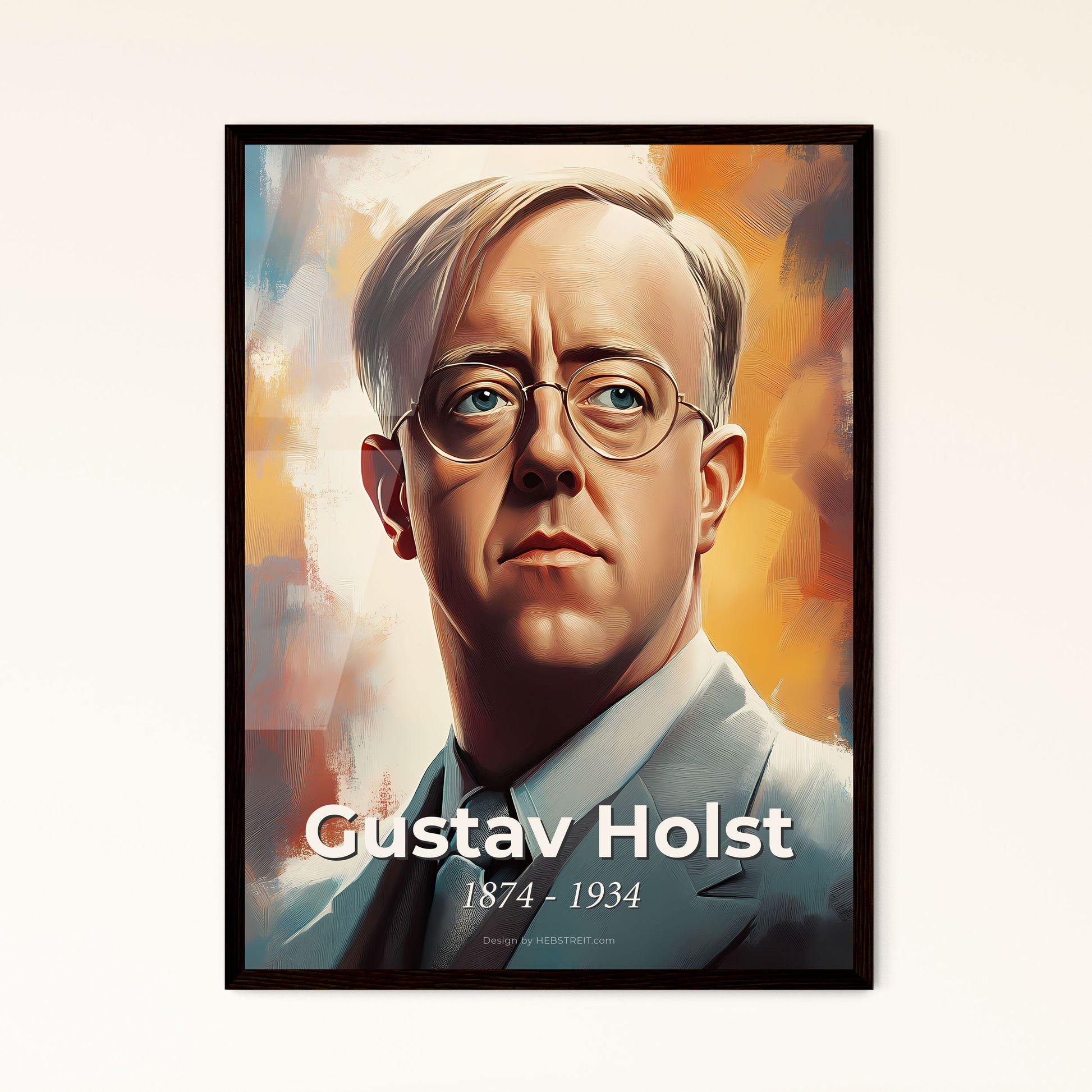 Portrait of Gustav Holst, 1874 - 1934. Impressionistic painting of a man wearing glasses and a suit.