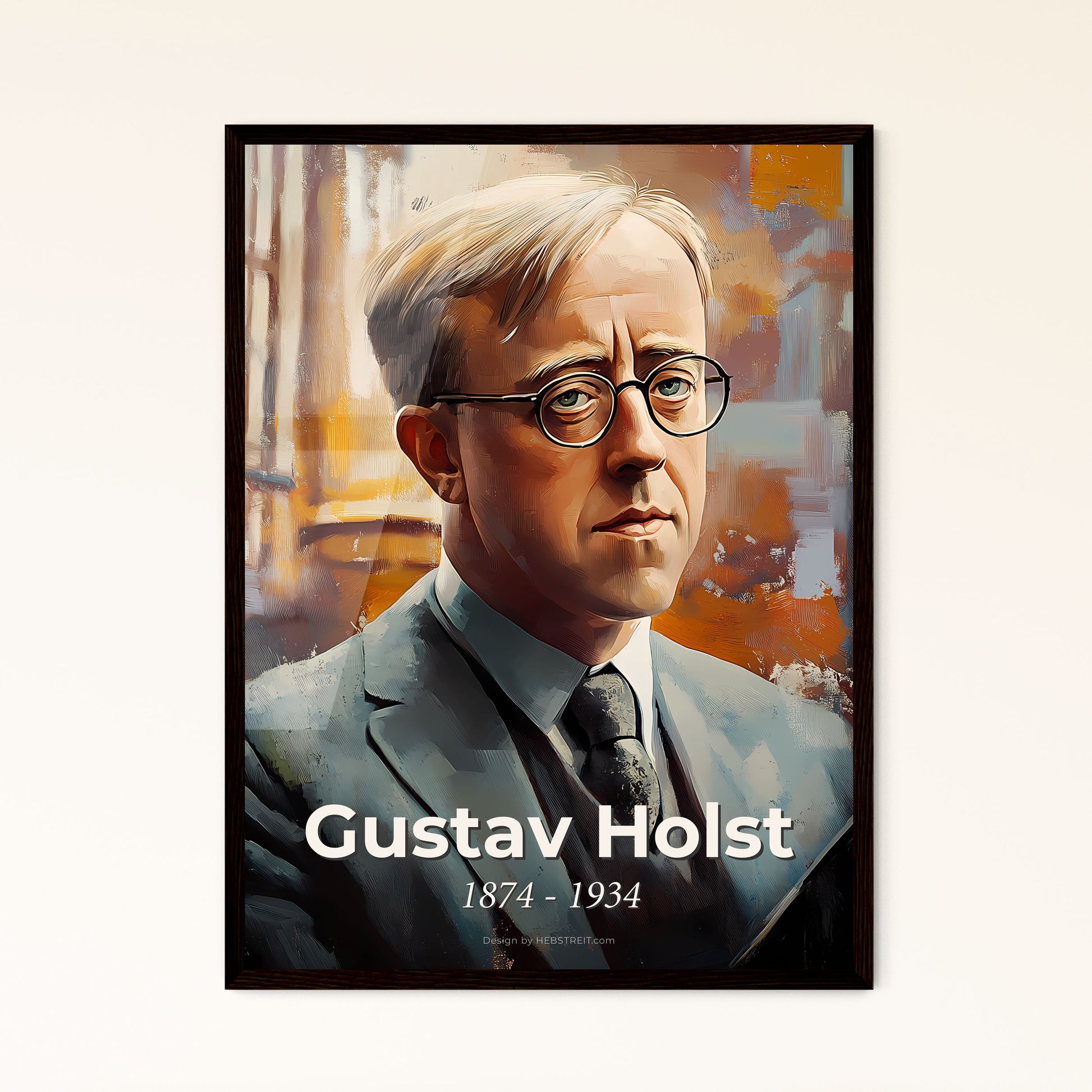 Portrait of Gustav Holst, 1874 - 1934. Impressionistic painting of a man in a suit and tie.