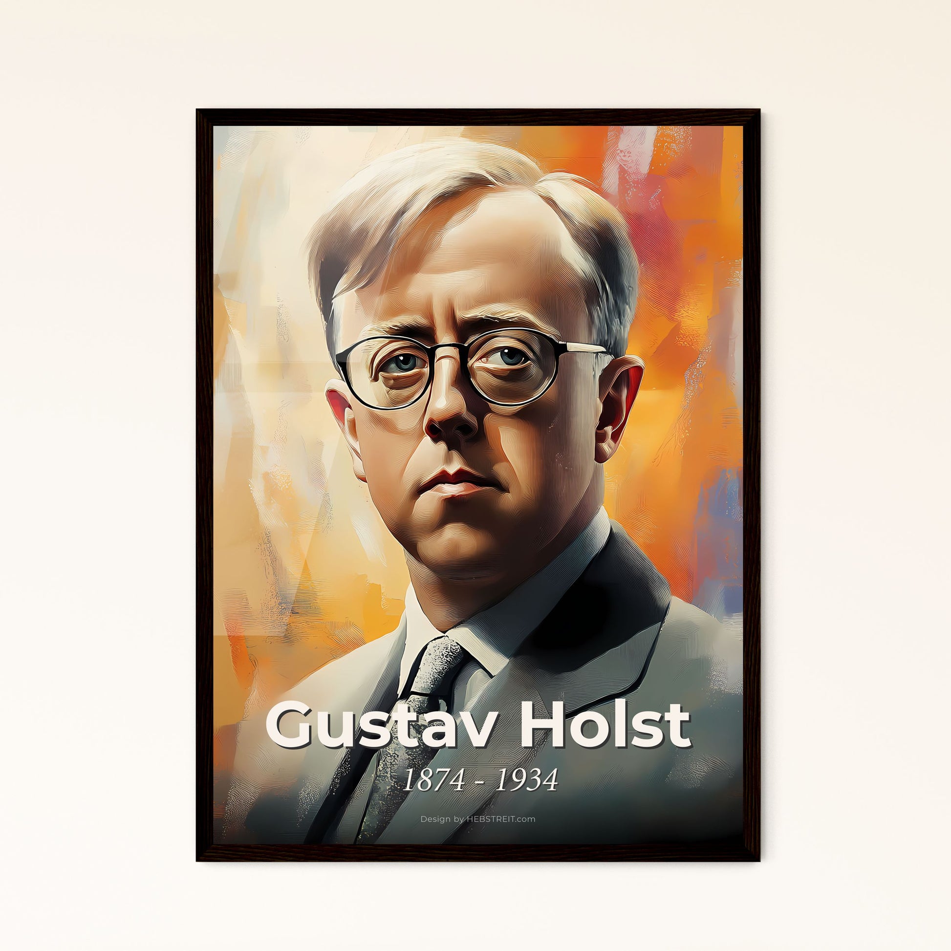 Portrait of Gustav Holst, 1874 - 1934. Impressionistic painting of a man wearing glasses and a suit.