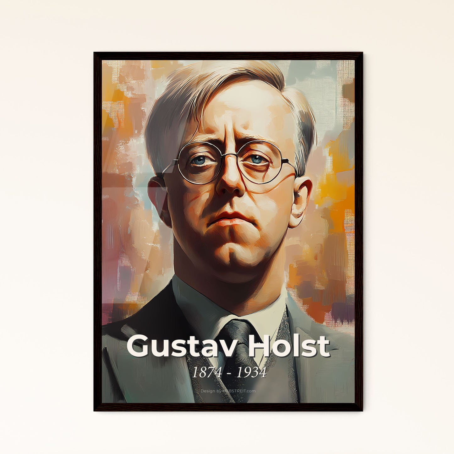 Portrait of Gustav Holst, 1874 - 1934. Impressionistic painting of a man wearing glasses and a suit.