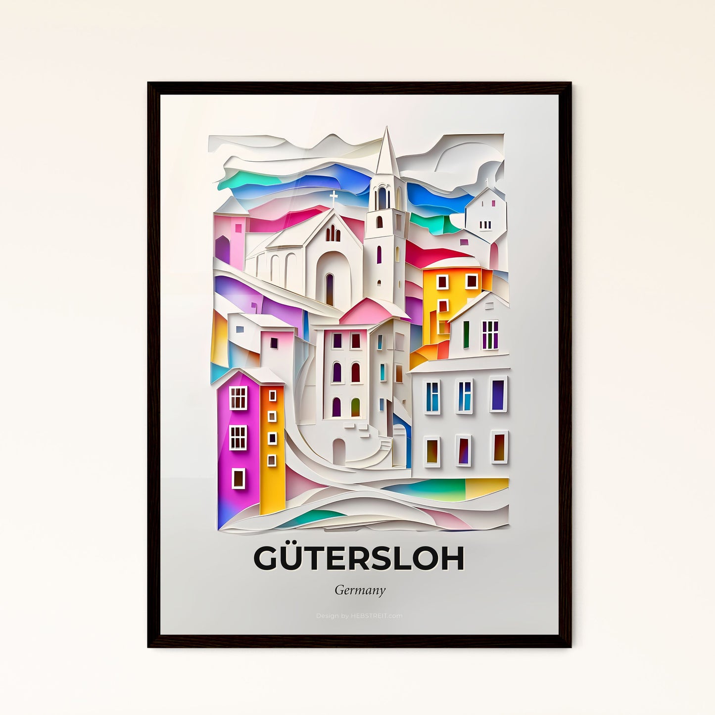 Vivid Gutersloh, Germany - a paper cut of a church and a rainbow colored building