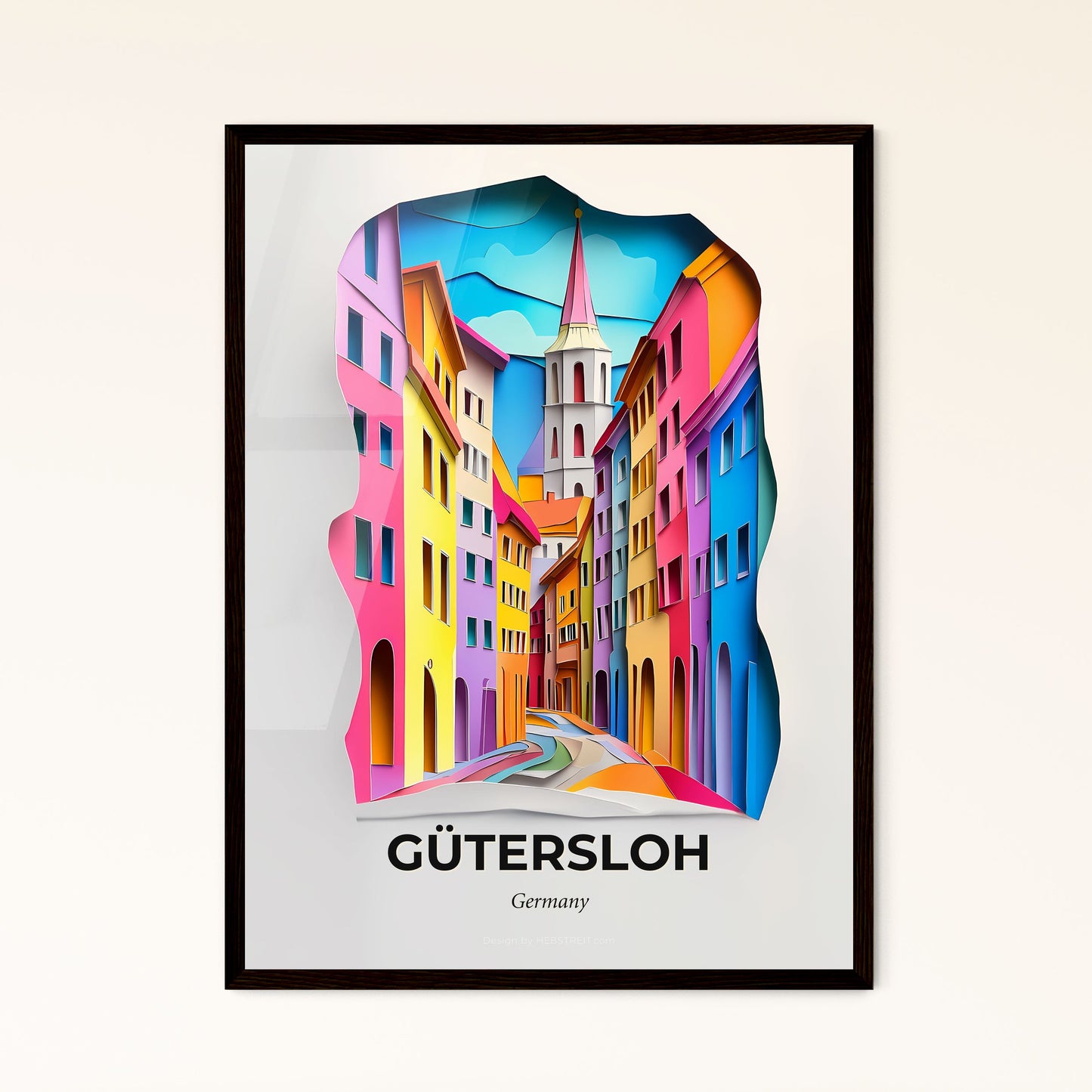 Vivid Gutersloh, Germany - a paper cut of a city street with a church steeple