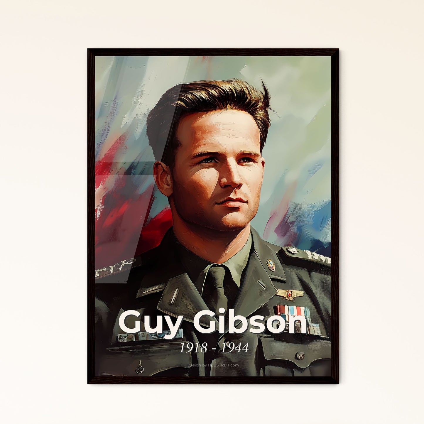 Portrait of Guy Gibson, 1918 - 1944. Impressionistic painting of a man in a military uniform.