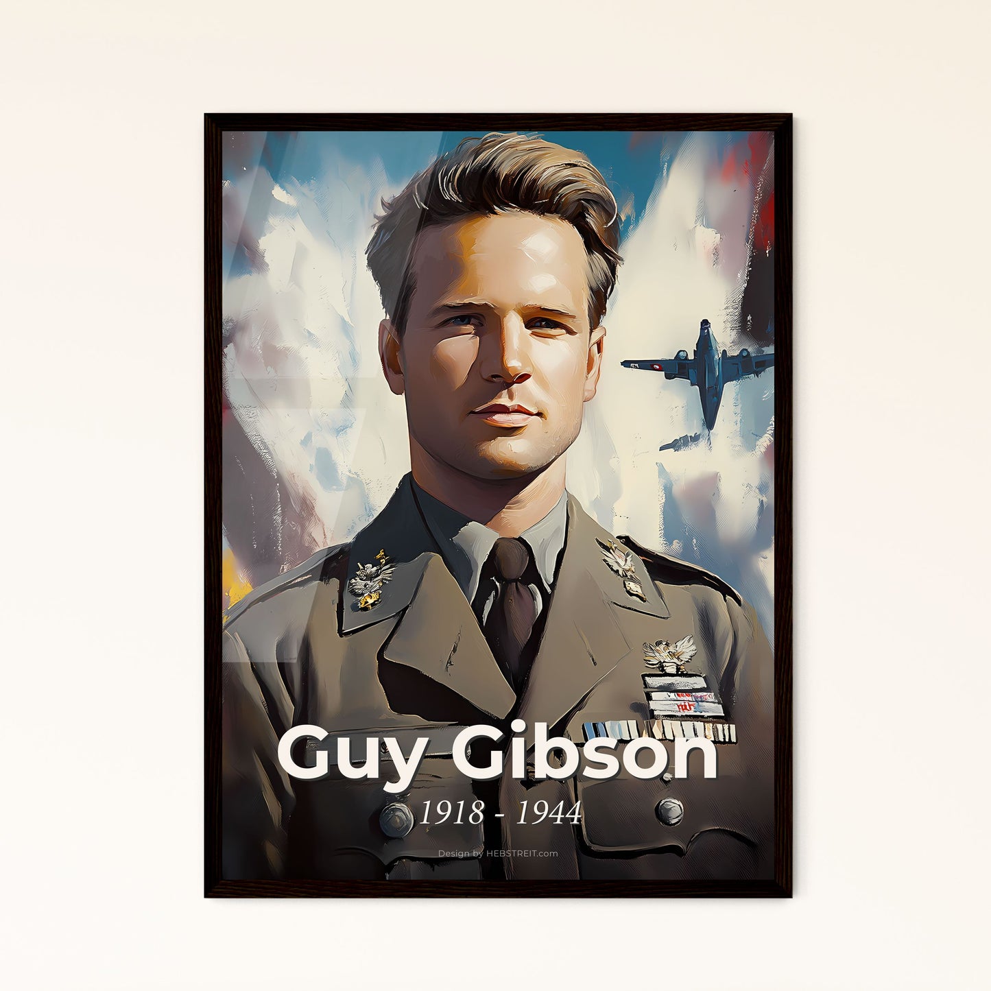 Portrait of Guy Gibson, 1918 - 1944. Impressionistic painting of a man in a military uniform.