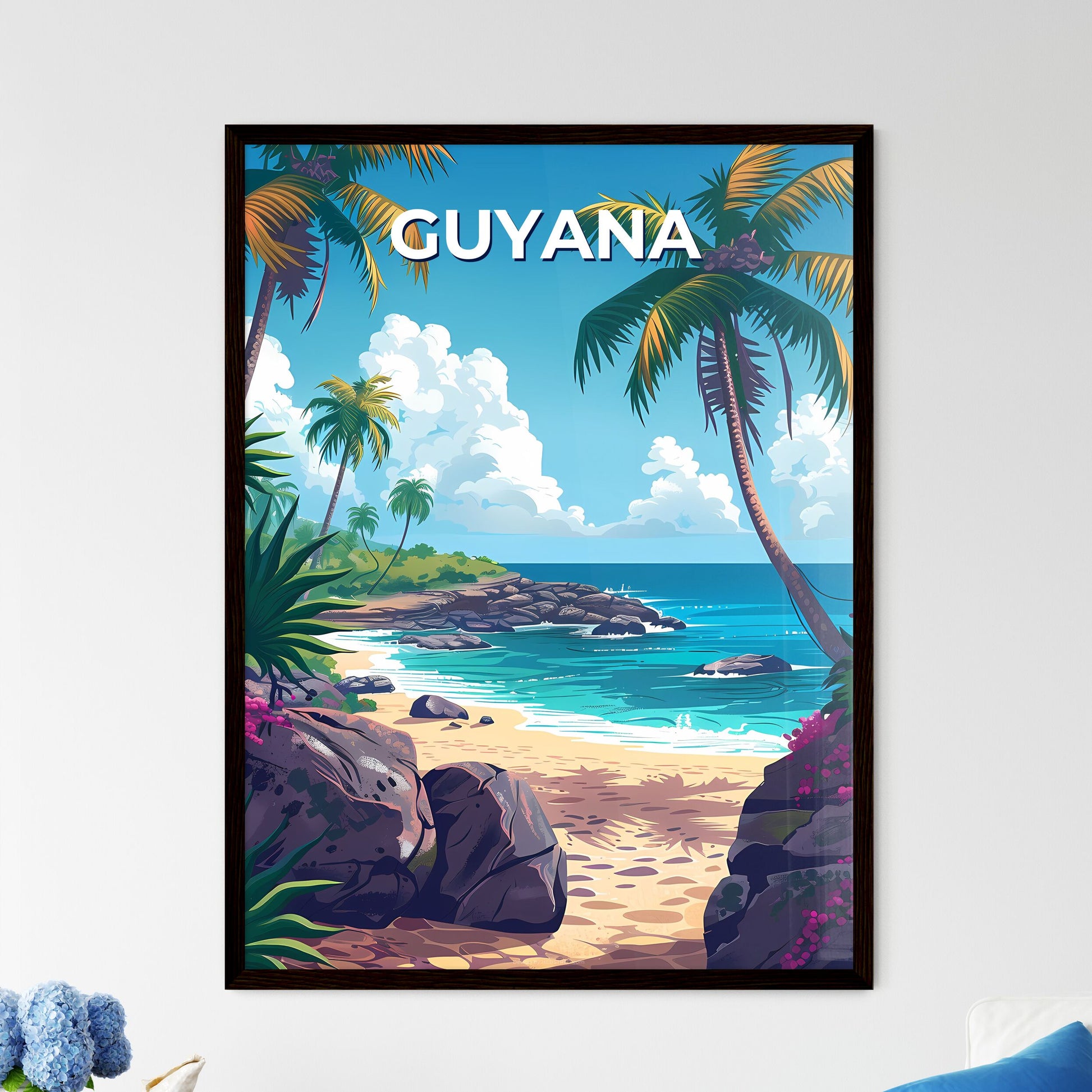 Guyana South America, travel, beach, palm trees, rocks, seascape, painting, art