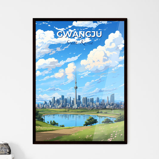 Gwangju Cityscape Artwork: Vibrant Painted Cityscape with Tower and Lake Default Title